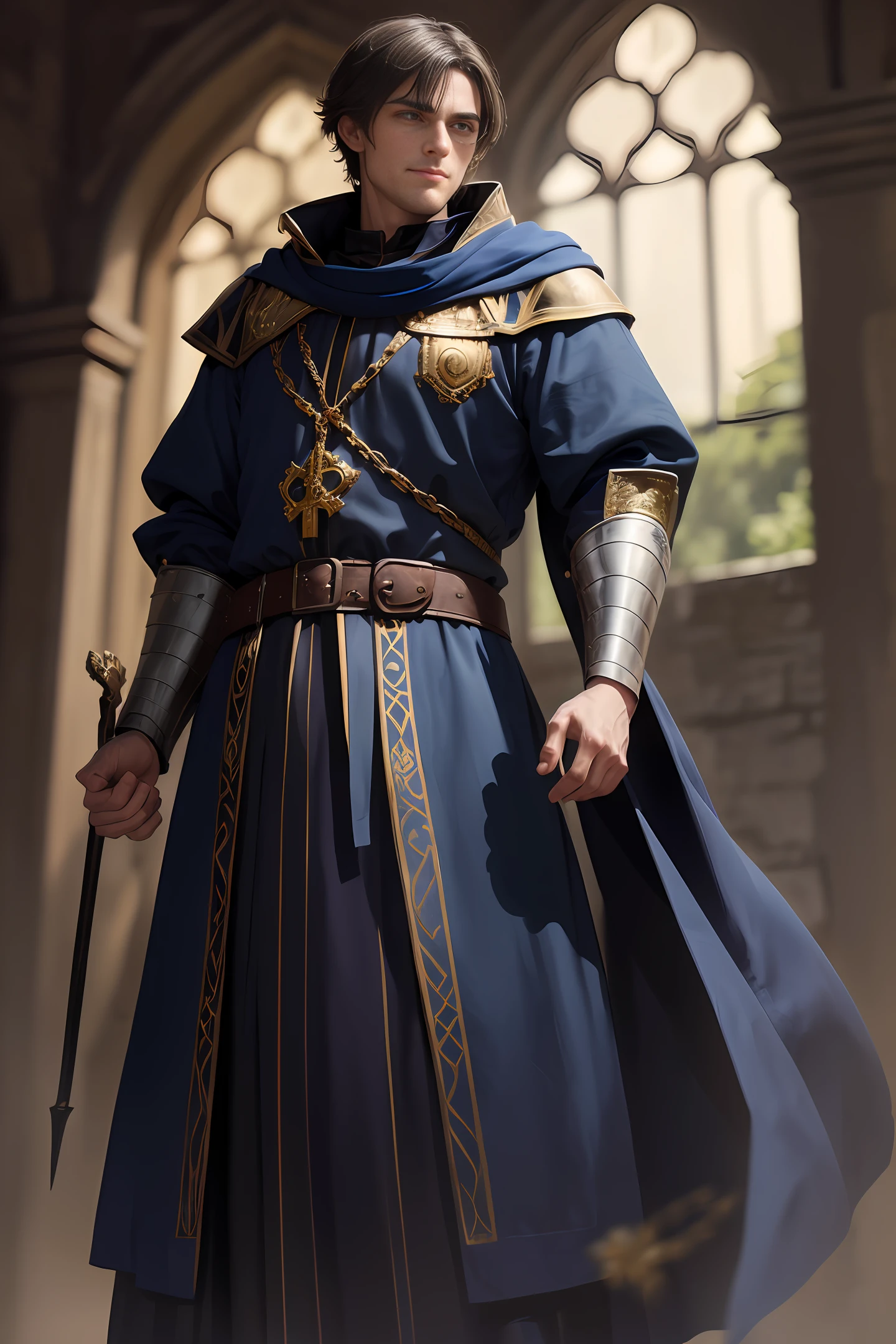 (handsome medieval man: 1.3, short hair: 1.2, British style: 1.2, fair skin, dark blue pupils: 1.1, sly smile: 1.1, aristocratic clothing: 1.2, blue and white: 1.1, golden ornamentation: 1.1, fantasy World: 1.2)