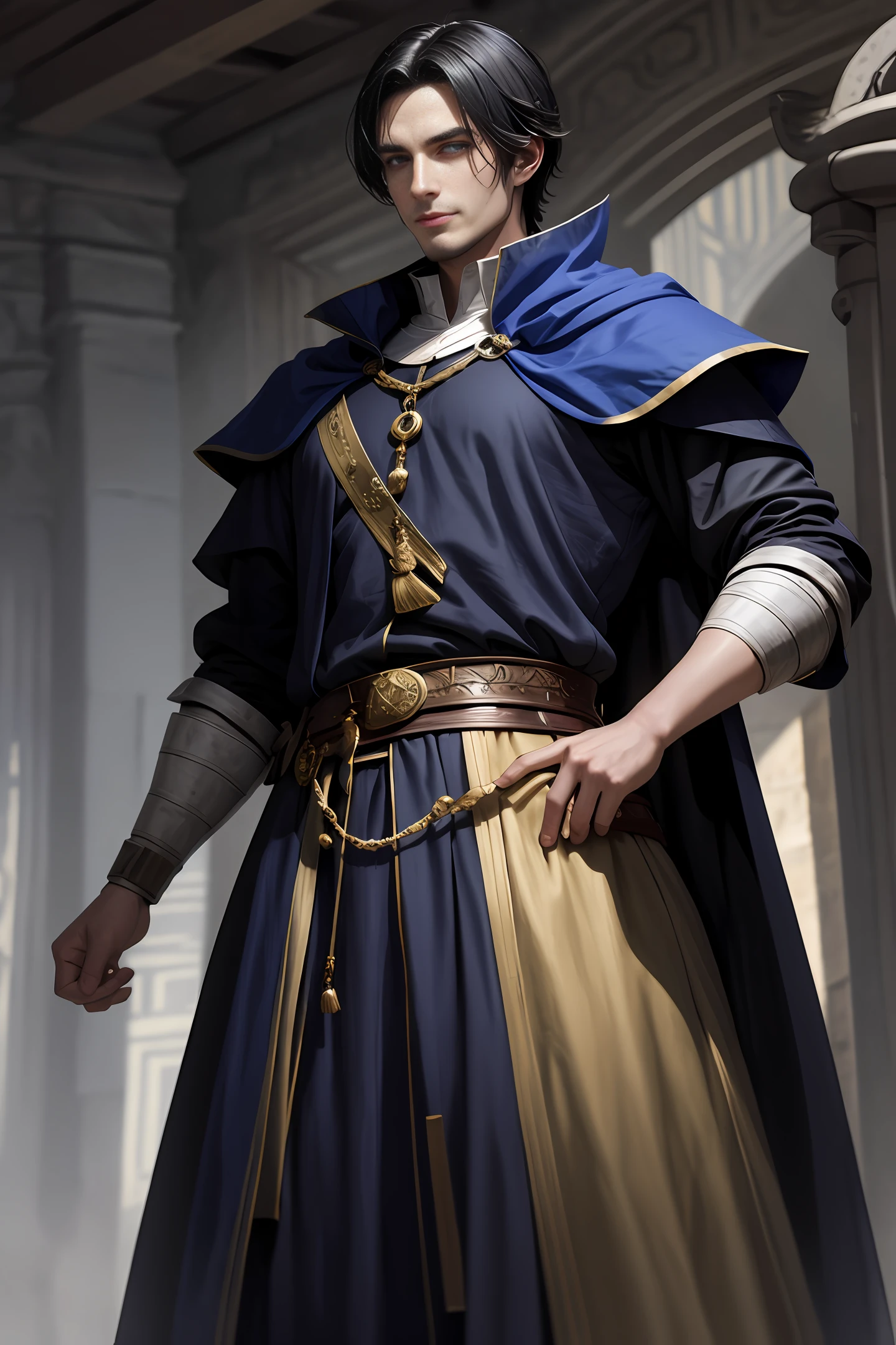 A handsome medieval man with handsome short black hair, British-style face, fair skin, dark blue pupils, showing a sly smile, wearing blue and white aristocratic clothing, with golden patterns all over the clothes, in a fantasy world world.