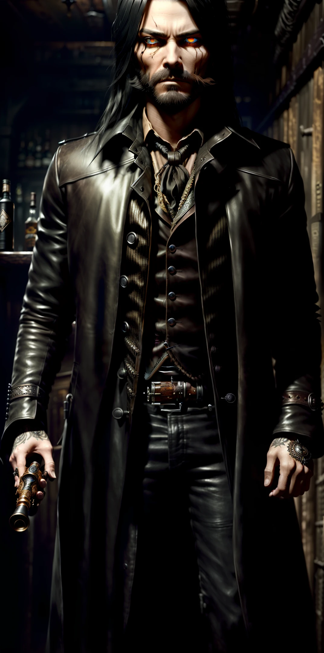 One men, a scary, intriguing, gunslinger, standing in a dusty dark saloon at the bar drinking a whiskey, long black hair tied low, beard, long leather trench coat with intricate details, hyperrealistic, hyperdetailed, 2 silver short barrel shotgun, 4k, hyper detailed, photorealistic, movement, hand on shotgun, slow-motion, masterpiece, digital painting, eerie, gloomy, detailed eyes, HDR, hyperrealistic, dark fantasy, detailed eyes, detailed skin