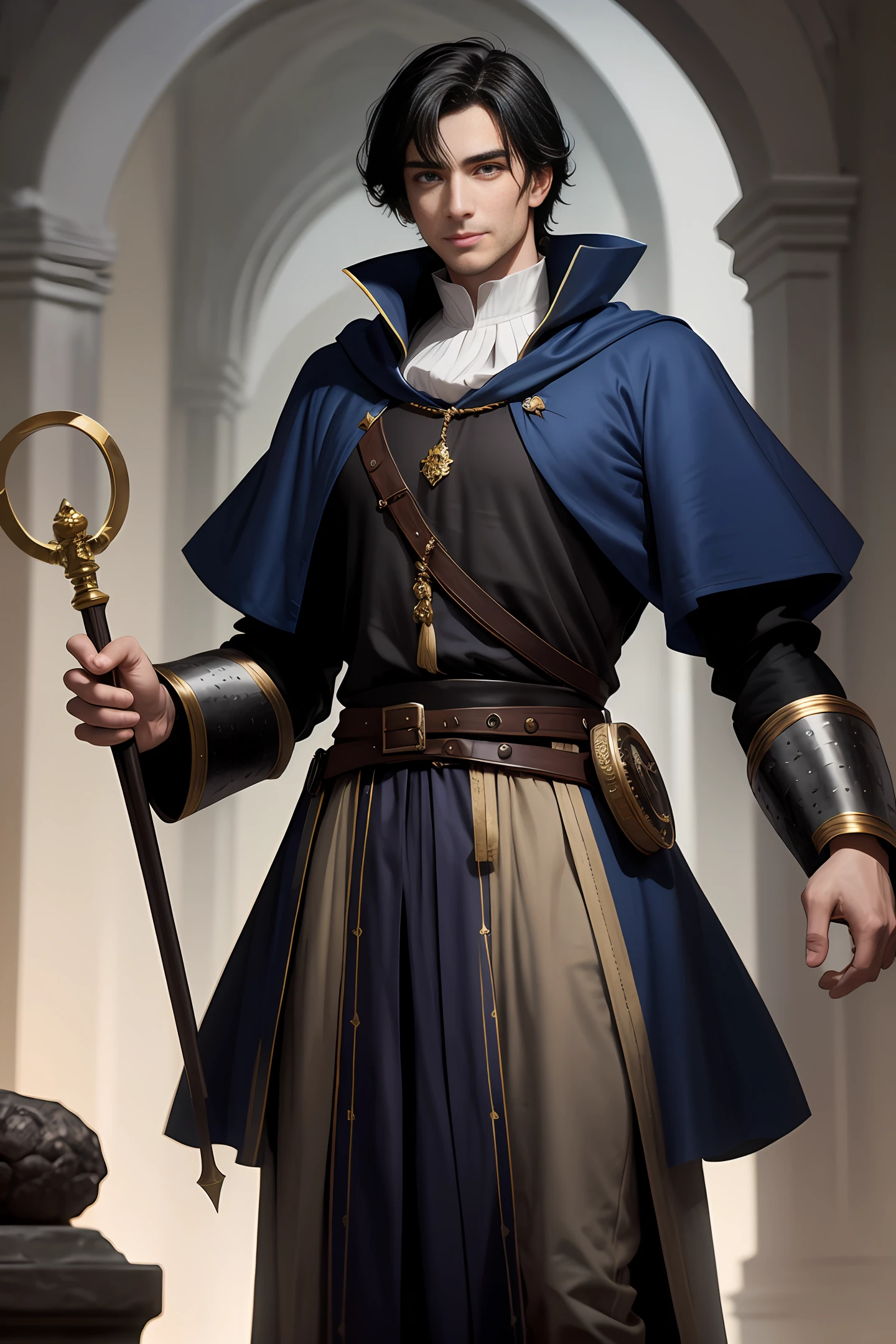 A handsome medieval man with handsome short black hair, British-style face, fair skin, dark blue pupils, showing a sly smile, wearing blue and white aristocratic clothing, with golden patterns all over the clothes, in a fantasy world world.