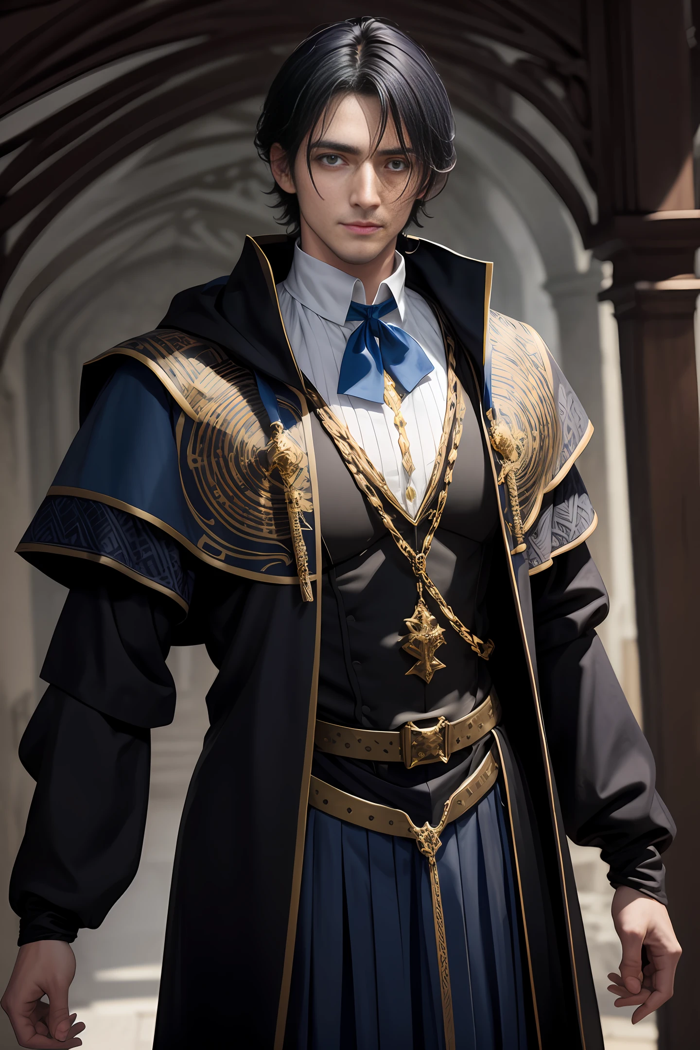 A handsome medieval man with handsome short black hair, British-style face, fair skin, dark blue pupils, showing a sly smile, wearing blue and white aristocratic clothing, with golden patterns all over the clothes, in a fantasy world world.
