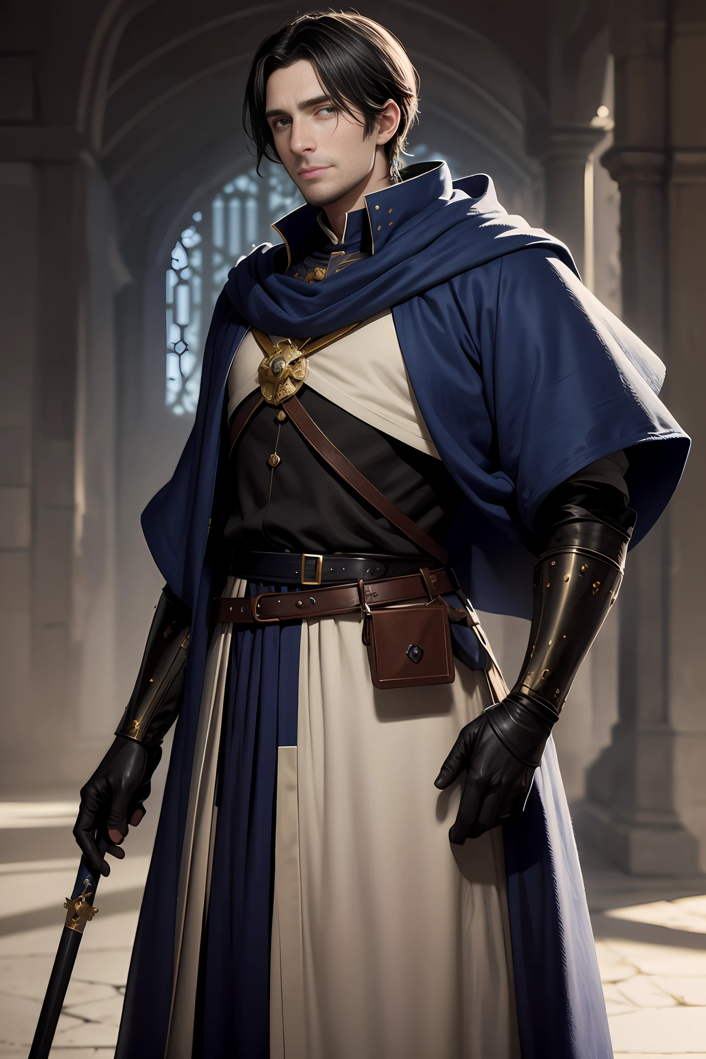 A handsome medieval man with handsome short black hair, British-style face, fair skin, dark blue pupils, showing a sly smile, wearing blue and white aristocratic clothing, with golden patterns all over the clothes, in a fantasy world world.