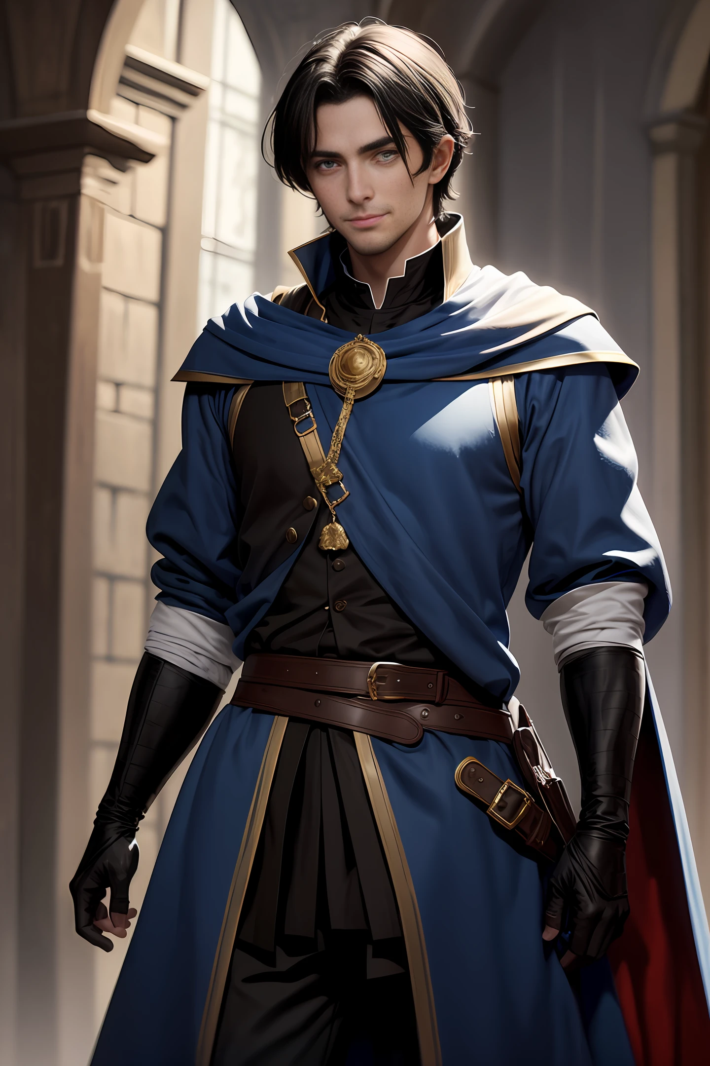 A handsome medieval man with handsome short black hair, British-style face, fair skin, dark blue pupils, showing a sly smile, wearing blue and white aristocratic clothing, with golden patterns all over the clothes, in a fantasy world world.