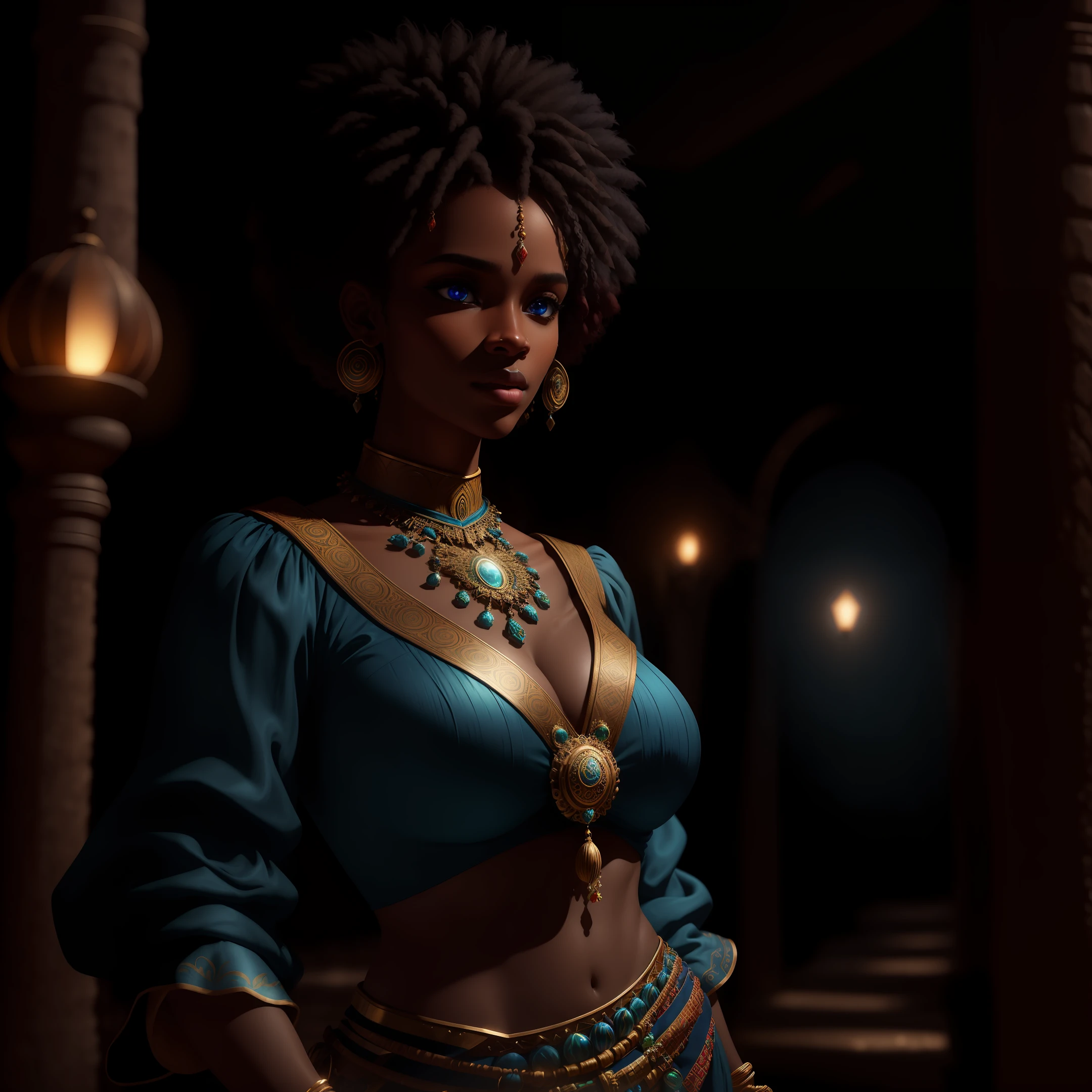 25-year old black woman, glowing blue eyes, afro, wearing colorful blouse and pagne and intricate beaded jewelry, in ancient African city, 8k, Unreal engine, highly detailed, octane render, photorealistic, dim light, brightly lit, lens flares, beams and intricate details, incredibly detailed and volumetric lighting, 4k rendering, stock imagery, hyper realistic textures, dramatic lighting, use of Unreal Engine and a sense of epic grandeur.