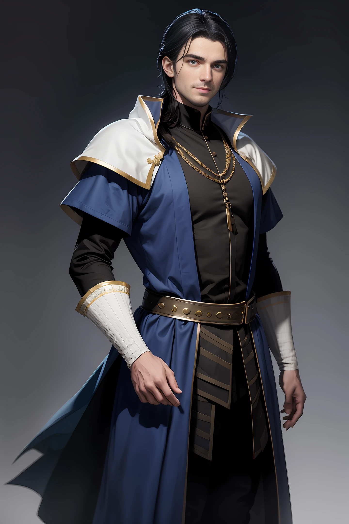A handsome medieval man with handsome short black hair, British-style face, fair skin, dark blue pupils, showing a sly smile, wearing blue and white aristocratic clothing, with golden patterns all over the clothes, in a fantasy world world.