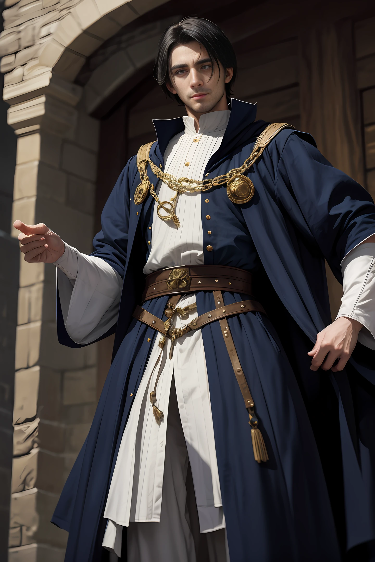 A handsome medieval man with handsome short black hair, British-style face, fair skin, dark blue pupils, showing a sly smile, wearing blue and white aristocratic clothing, with golden patterns all over the clothes, in a fantasy world world.