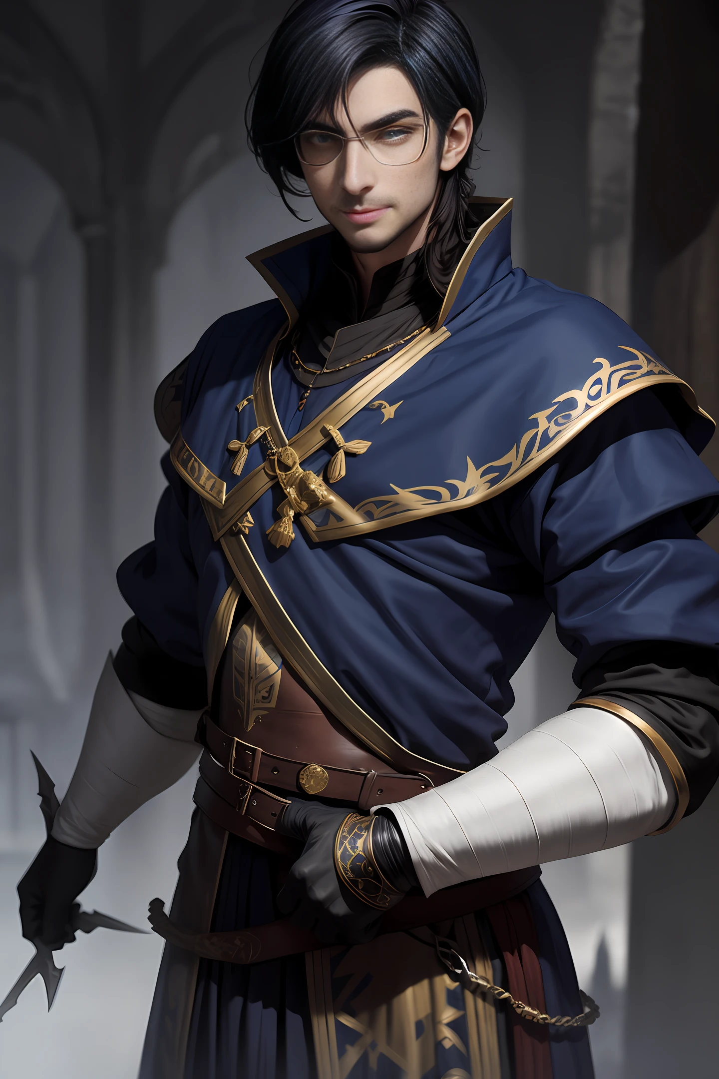 A handsome medieval man with handsome short black hair, British-style face, fair skin, dark blue pupils, showing a sly smile, wearing blue and white aristocratic clothing, with golden patterns all over the clothes, in a fantasy world world.