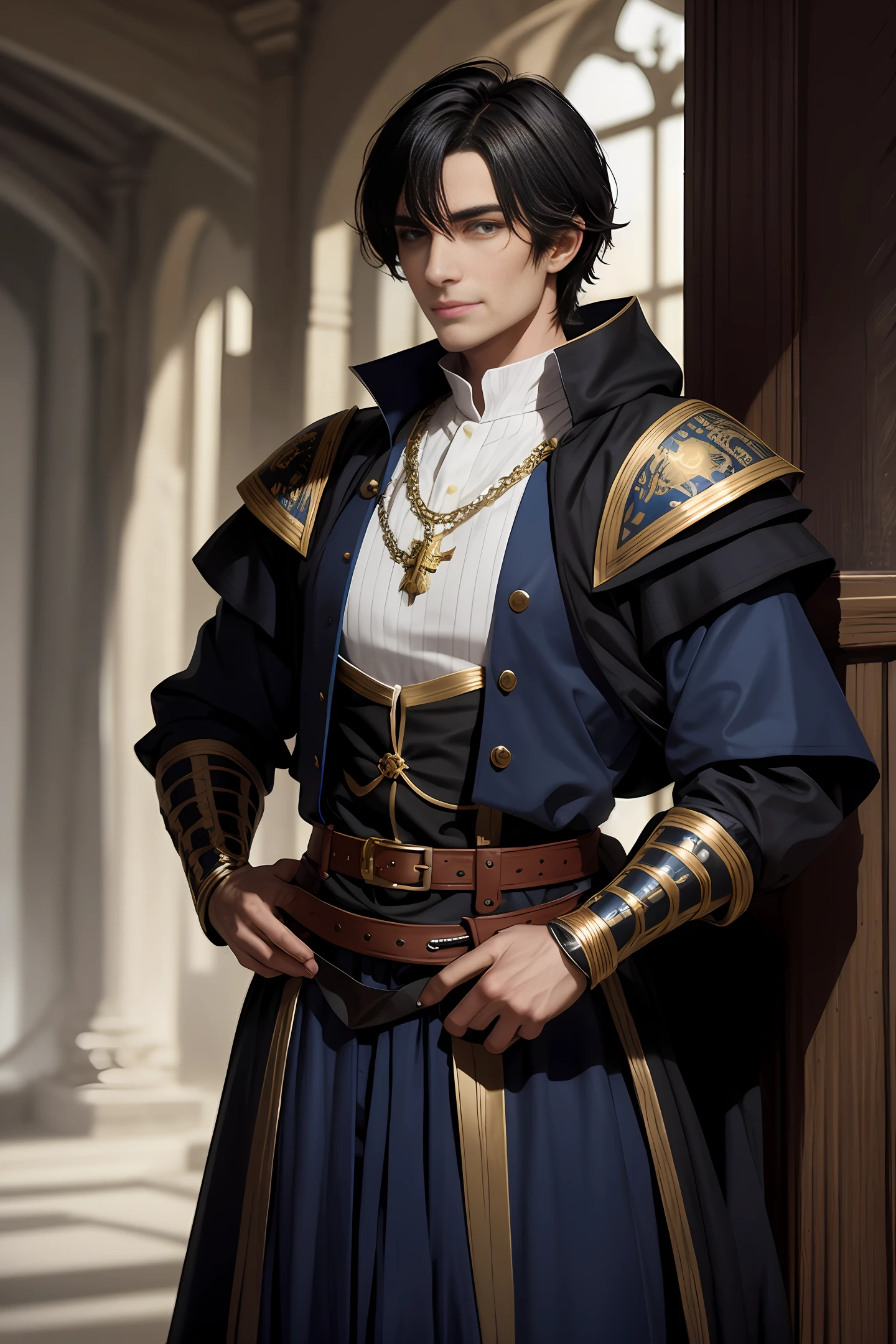 A handsome medieval man with handsome short black hair, British-style face, fair skin, dark blue pupils, showing a sly smile, wearing blue and white aristocratic clothing, with golden patterns all over the clothes, in a fantasy world world.