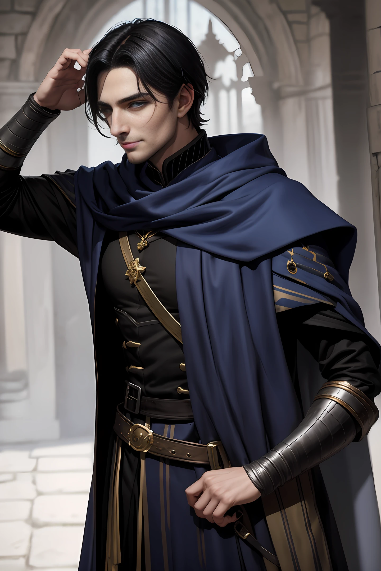 A handsome medieval man with handsome short black hair, British-style face, fair skin, dark blue pupils, showing a sly smile, wearing blue and white aristocratic clothing, with golden patterns all over the clothes, in a fantasy world world.
