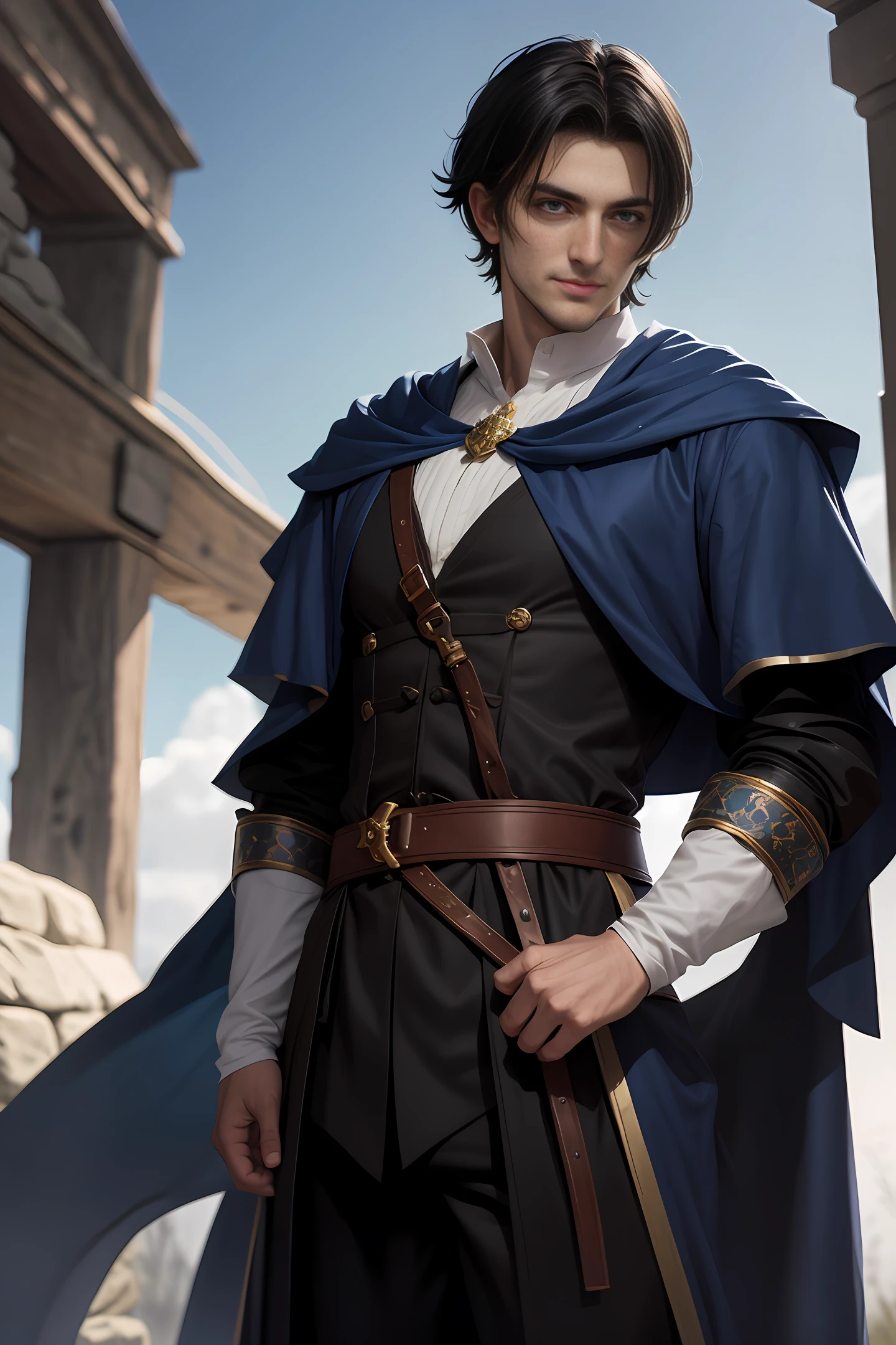 A handsome medieval man with handsome short black hair, British-style face, fair skin, dark blue pupils, showing a sly smile, wearing blue and white aristocratic clothing, with golden patterns all over the clothes, in a fantasy world world.