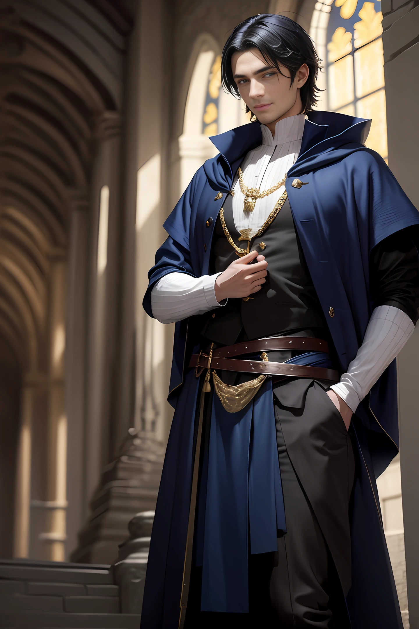A handsome medieval man with handsome short black hair, British-style face, fair skin, dark blue pupils, showing a sly smile, wearing blue and white aristocratic clothing, with golden patterns all over the clothes, in a fantasy world world.
