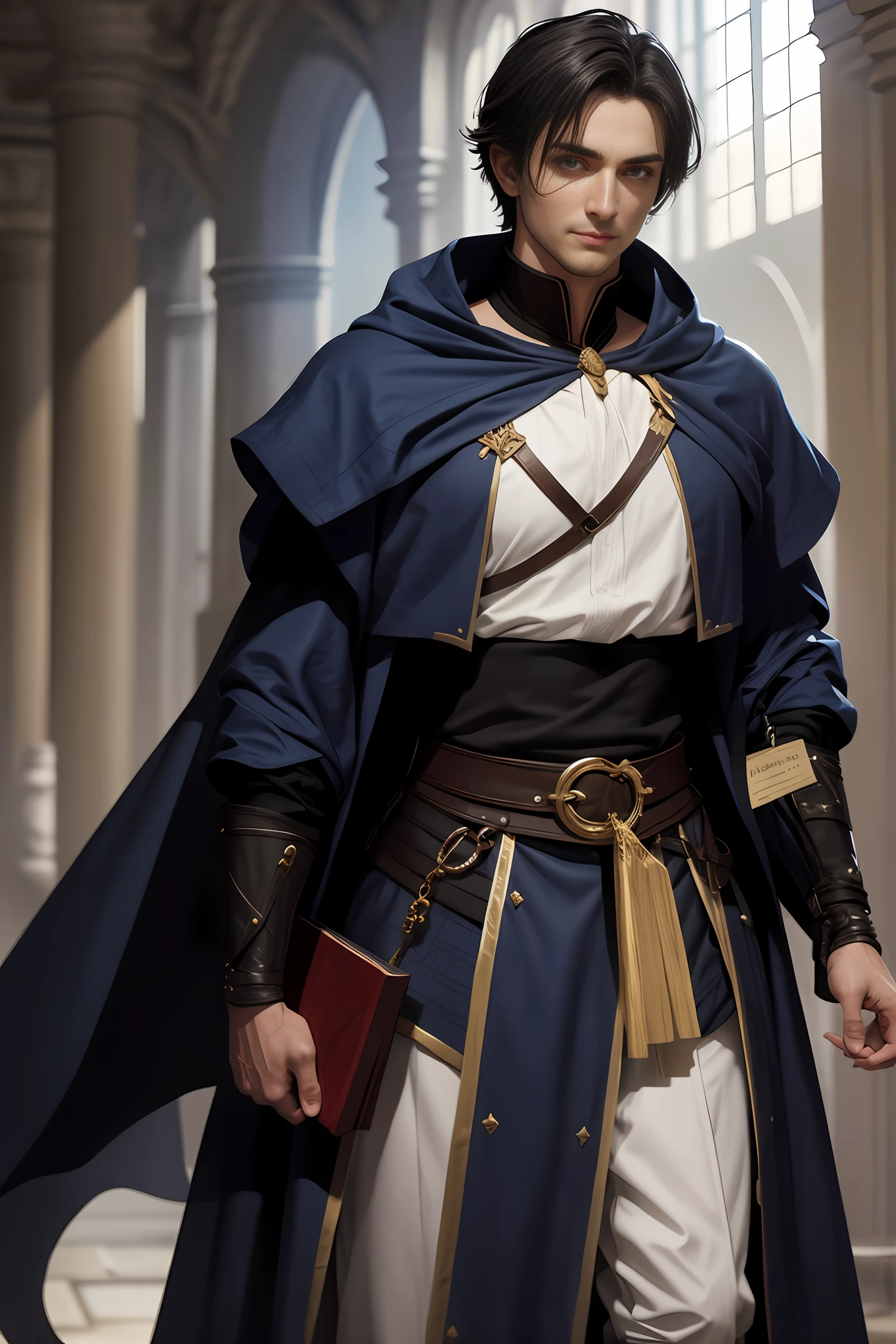 A handsome medieval man with handsome short black hair, British-style face, fair skin, dark blue pupils, showing a sly smile, wearing blue and white aristocratic clothing, with golden patterns all over the clothes, in a fantasy world world.