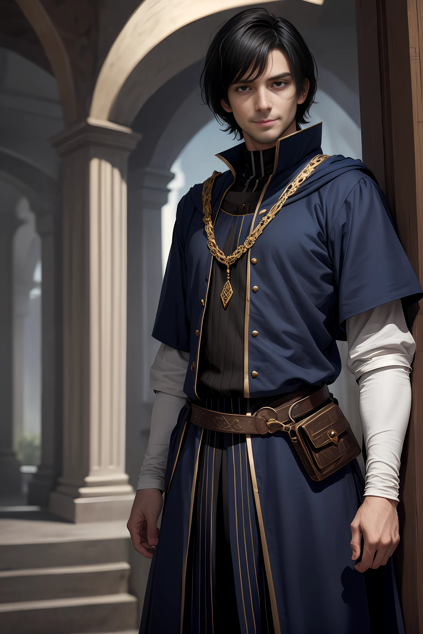 A handsome medieval man with handsome short black hair, British-style face, fair skin, dark blue pupils, showing a sly smile, wearing blue and white aristocratic clothing, with golden patterns all over the clothes, in a fantasy world world.