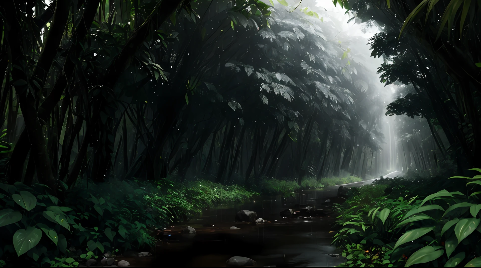 Jungle, heavy rainfall, monochrome, vines everywhere, huge wet trees, masterpiece, best quality, high quality, very detailed CG unity 8k wallpaper, oil painting, award winning photography, bokeh, depth of field, HDR, bloom , chromatic aberration, photorealism, very detailed, trending on artstation, trending on CGsociety, intricate, high detail, dramatic, midjourney art, volumetric lighting. Image size: 960x536
