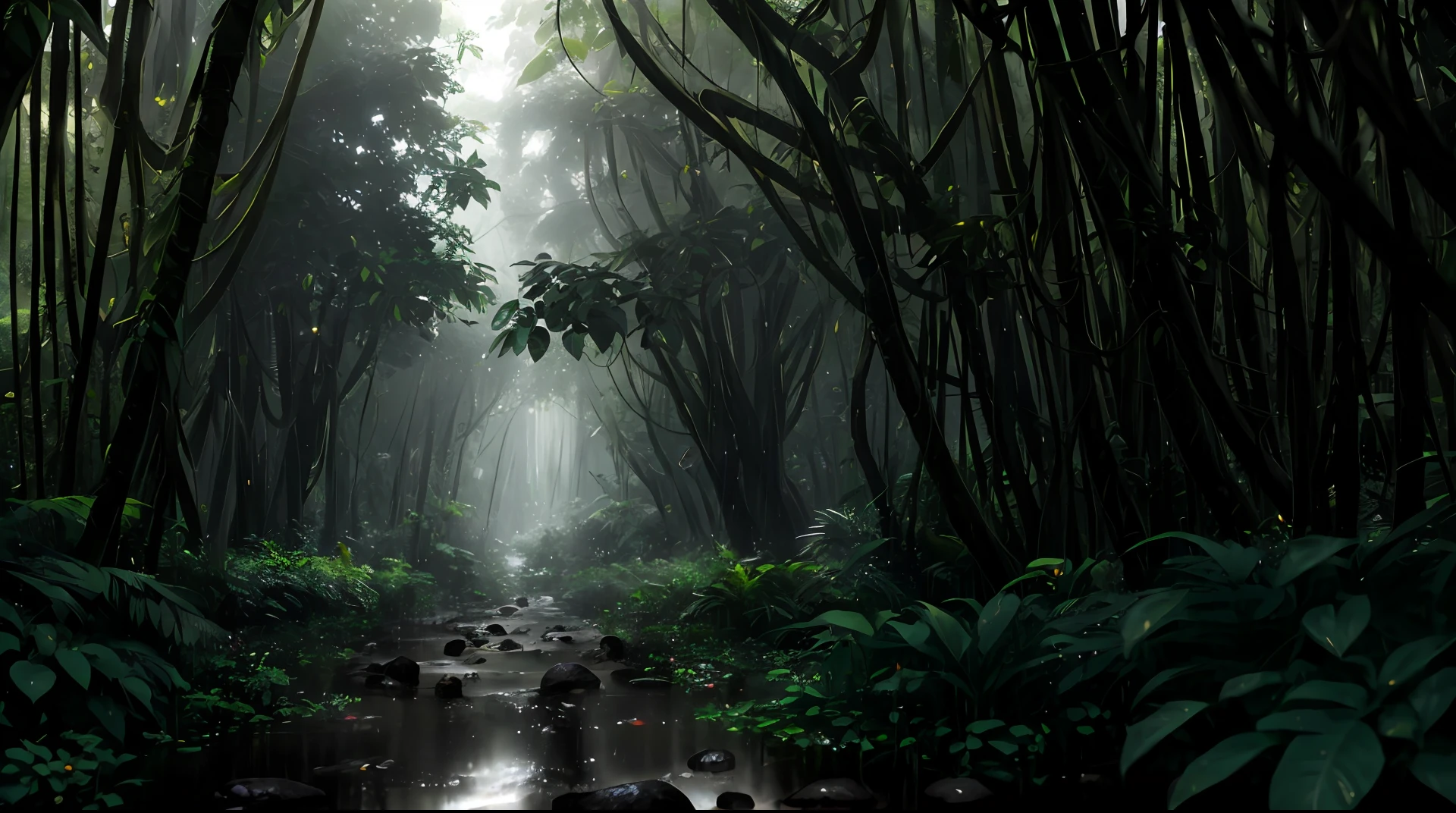 Jungle, heavy rainfall, monochrome, vines everywhere, huge wet trees, masterpiece, best quality, high quality, very detailed CG unity 8k wallpaper, oil painting, award winning photography, bokeh, depth of field, HDR, bloom , chromatic aberration, photorealism, very detailed, trending on artstation, trending on CGsociety, intricate, high detail, dramatic, midjourney art, volumetric lighting. Image size: 960x536