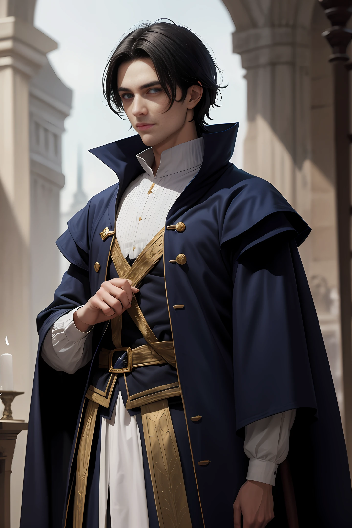 A handsome medieval man with handsome short black hair, British-style face, fair skin, dark blue pupils, showing a sly smile, wearing blue and white aristocratic clothing, with golden patterns all over the clothes, in a fantasy world world.