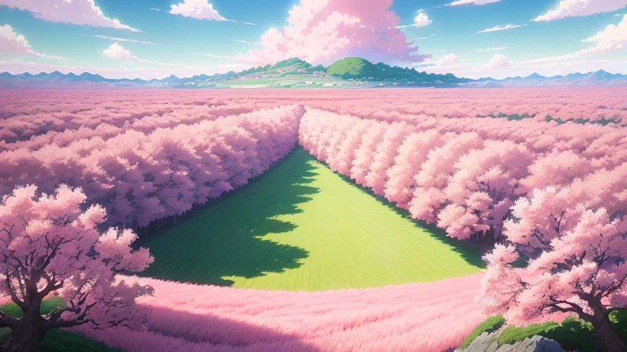 real camera in anime scenery,anime scenery of a field of pink flowers and a blue sky,anime landscape wallpaper, anime background art, anime countryside landscape, beautifull puffy clouds,beautifull puffy clouds,anime landscape,beautiful anime scenery, anime background,anime clouds,anime art wallpaper 8 k, detailed scenery,super wide angle