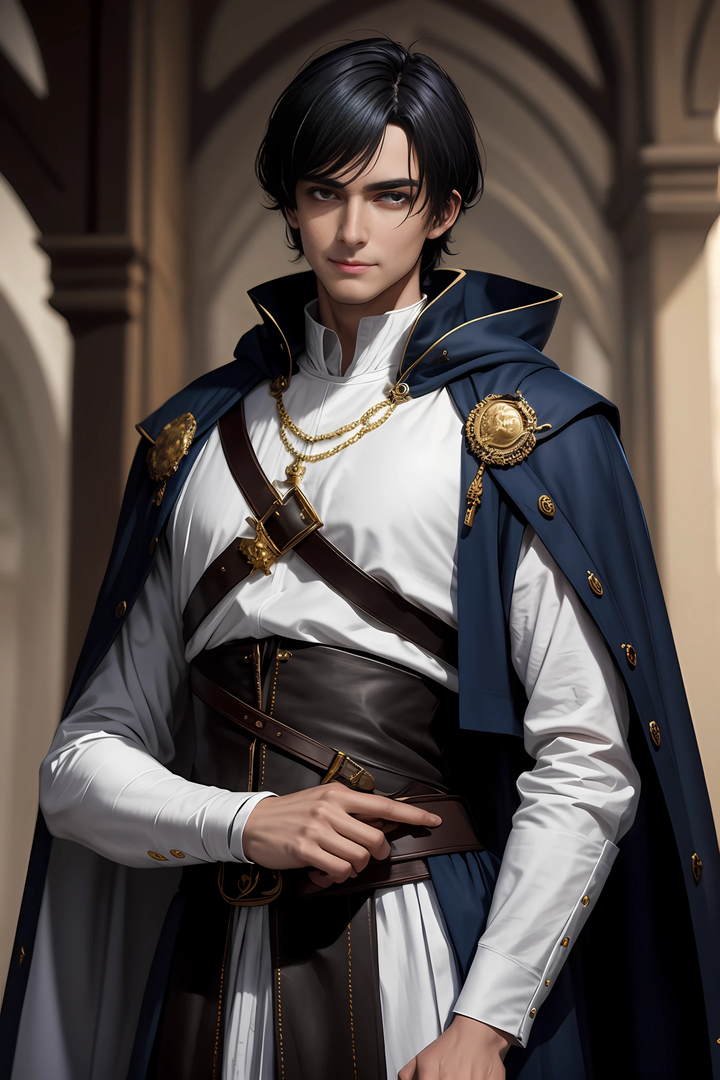A handsome medieval man with handsome short black hair, British-style face, fair skin, dark blue pupils, showing a sly smile, wearing blue and white aristocratic clothing, with golden patterns all over the clothes, in a fantasy world world.