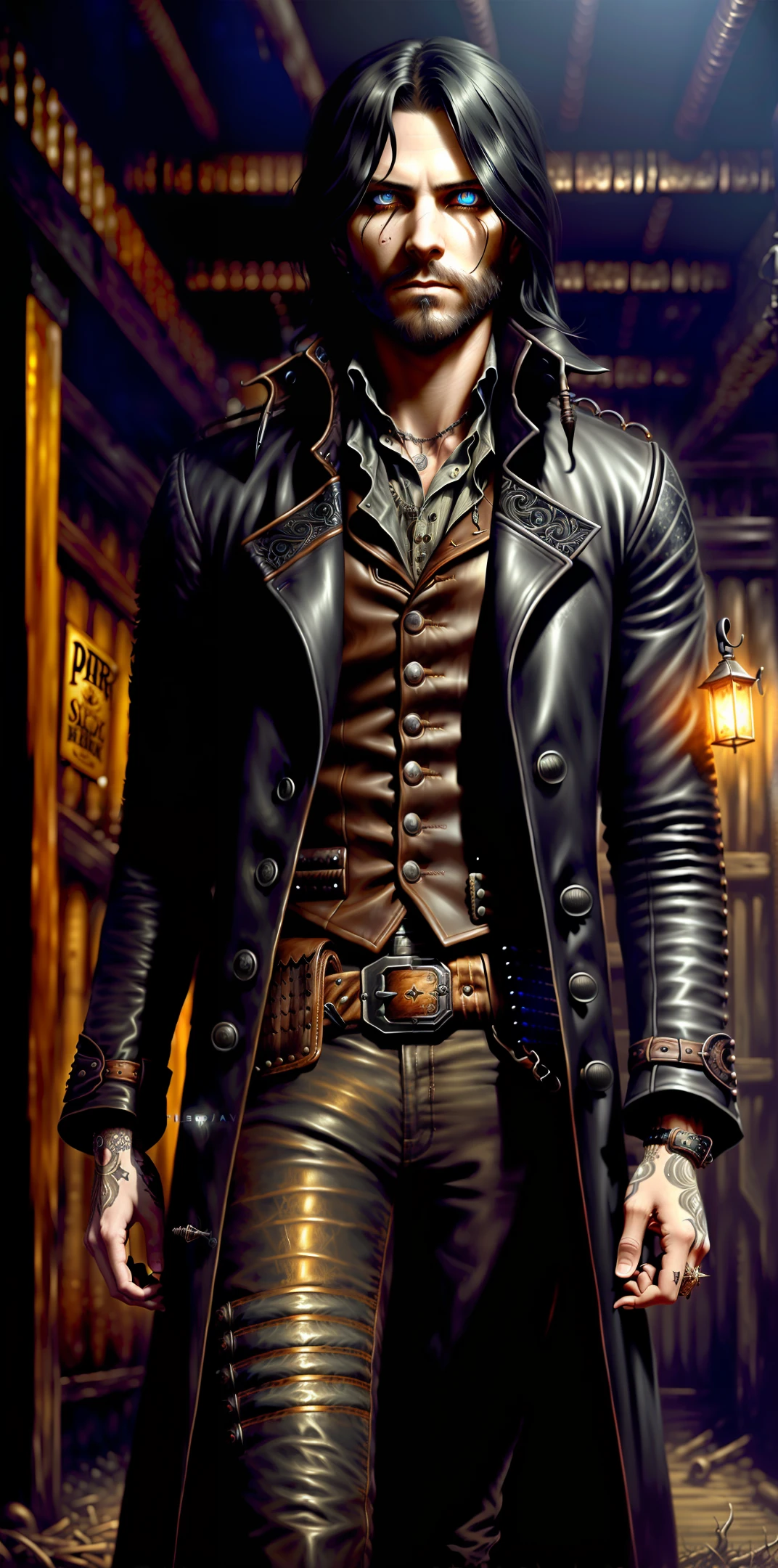 (One male gunslinger), scary, intriguing, standing in a dusty dark saloon at the bar drinking a whiskey, full body shot, long black hair tied low, (beard), long leather trench coat with intricate details, hyperrealistic, hyperdetailed, 2 silver short barrel shotgun, 4k, hyper detailed, photorealistic, movement, hand on shotgun, slow-motion, masterpiece, digital painting, eerie, gloomy, detailed eyes, realistic eyes, HDR, hyperrealistic, dark fantasy, detailed eyes, detailed skin