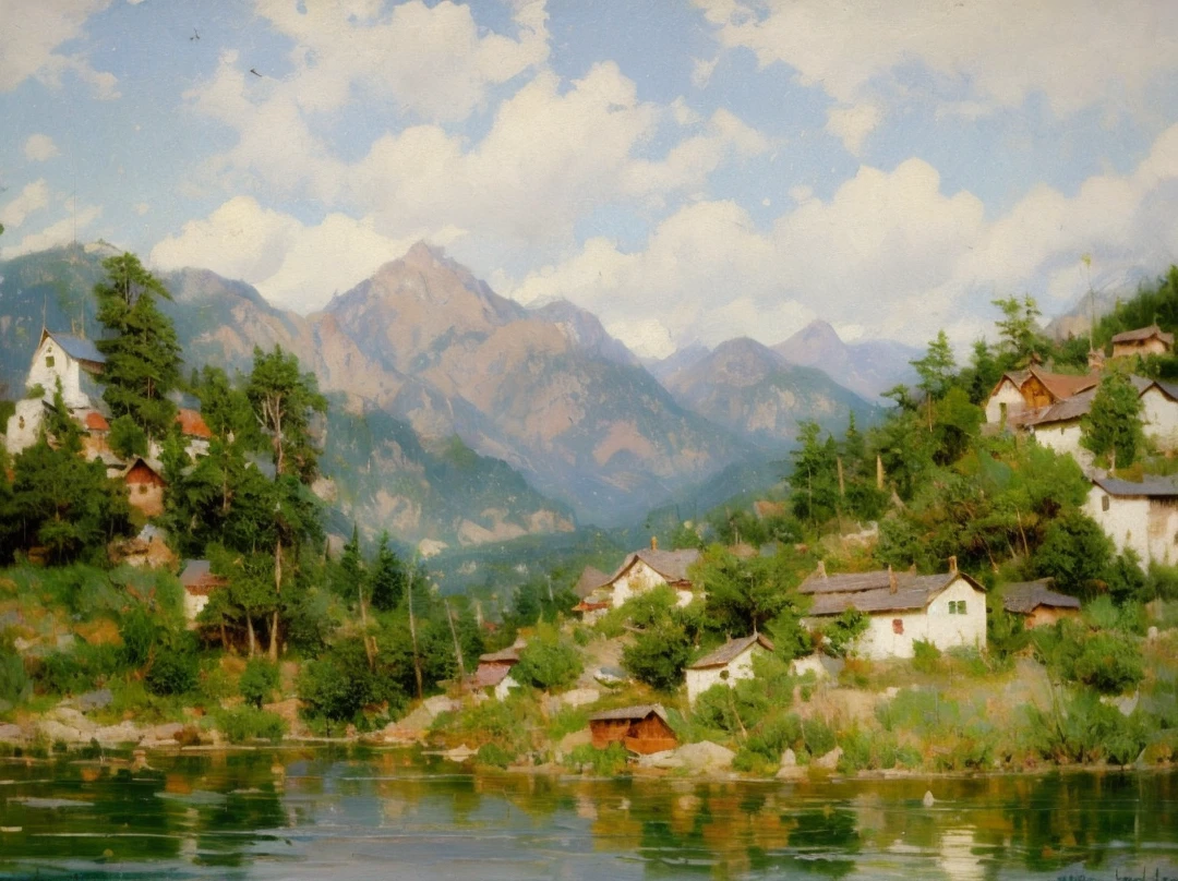 Joseph Kleitsch, impressionist, pronounced brushwork, oil painting, oil brush, bold, vibrant brushwork and unique, elegant style, impressionist painter, mountain landscape with lake and house, blue sky and white clouds, mountains, lake