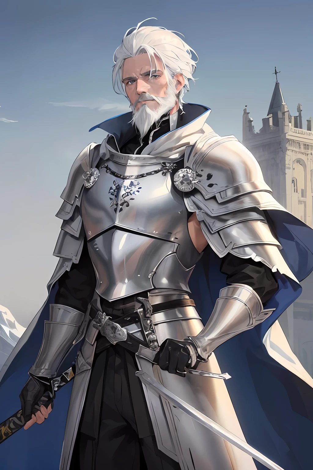 Masterpiece, best quality, 1 man, elderly man, knight armor, white hair, gray blue eyes, forked hair, short hair, lustrous beard, handsome, masculine, serious, gentle, cold, tall, quiet, dark clothes, gleaming armor, mysterious, day, sun, heroic ,outdoor, cloak, holding sword, sword