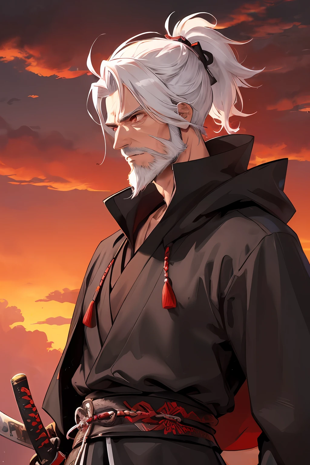 Masterpiece, best quality, 1 man, elderly man, samurai, white hair, red eyes, forked hair, short ponytail, short hair, goatee beard, handsome, masculine, serious, gentle, cold, tall, quiet, dark clothes, rustic samurai armor, mysterious, sunset, heroic ,outdoor, cloak, sheathe, katana, japanese