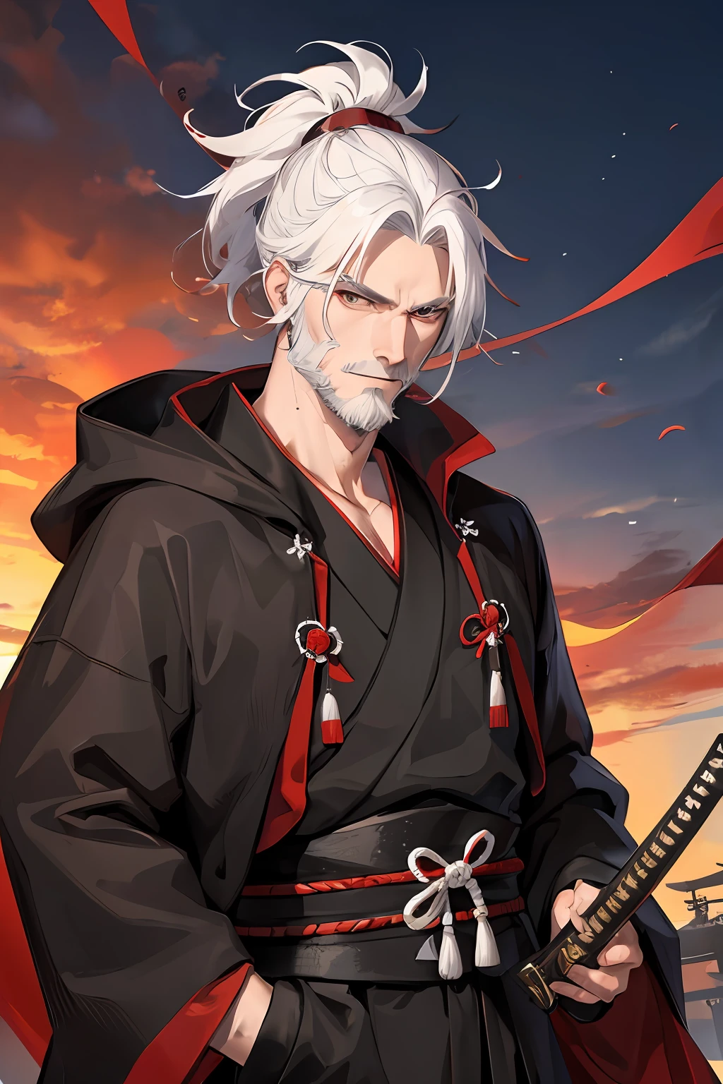 Masterpiece, best quality, 1 man, elderly man, samurai, white hair, red eyes, detailed eyes, forked hair, short ponytail, short hair, goatee beard, handsome, masculine, serious, gentle, cold, tall, quiet, dark clothes, rustic samurai armor, mysterious, sunset, heroic ,outdoor, cloak, sheathe, katana, japanese banner