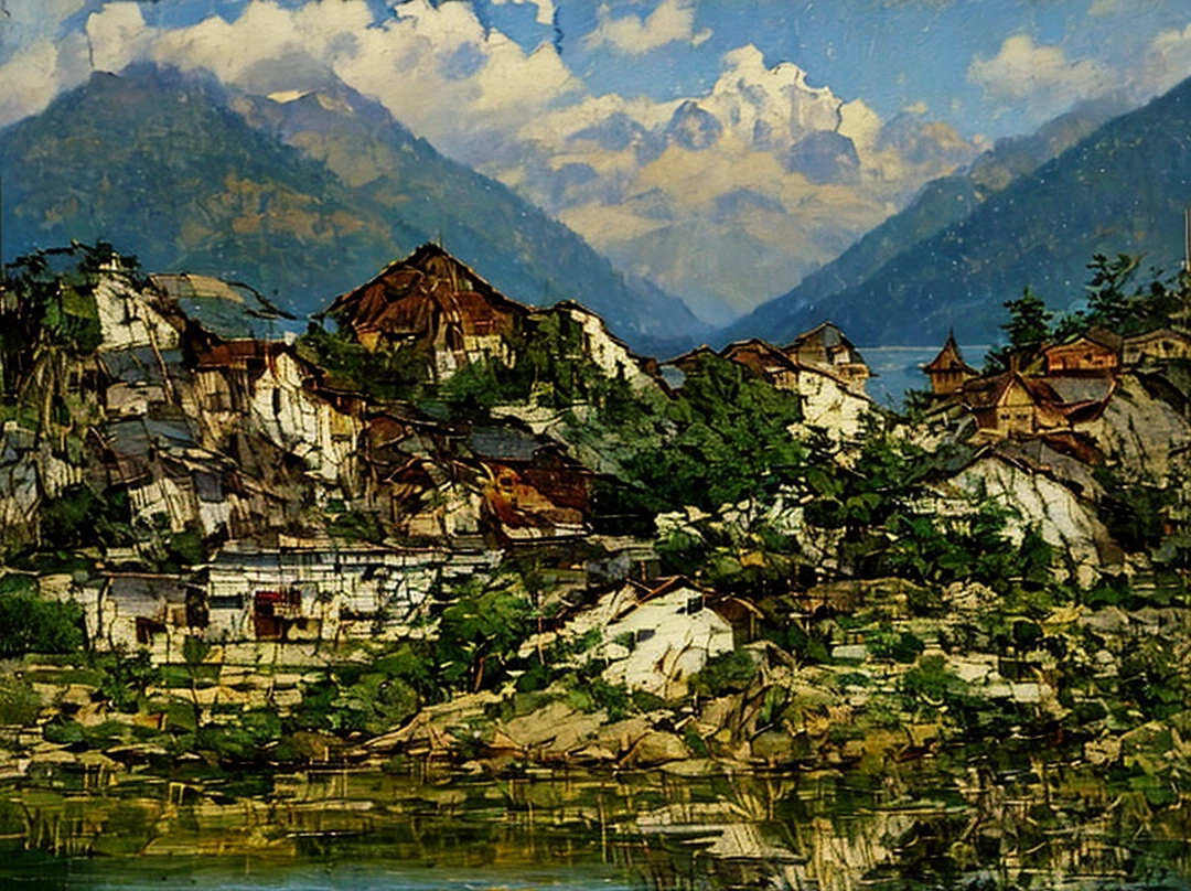 Joseph Kleitsch, impressionist, pronounced brushwork, oil painting, oil brush, bold, vibrant brushwork and unique, elegant style, impressionist painter, mountain landscape with lake and house, blue sky and white clouds, mountains, lake