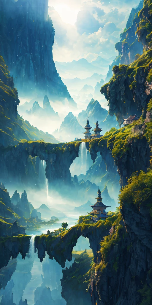 2. A painting of a river running through a lush green valley and trees, matte painting by Yang Borun, CG social trends, digital art, dreamy Chinese town, beautiful rendering of Tang Dynasty, Japanese town by trees and fantasy valley Composition, beautiful artistic ultra hd 4k, japanese village, chinese village, chinese landscape, beautiful digital artwork, japanese city, japanese landscape.
