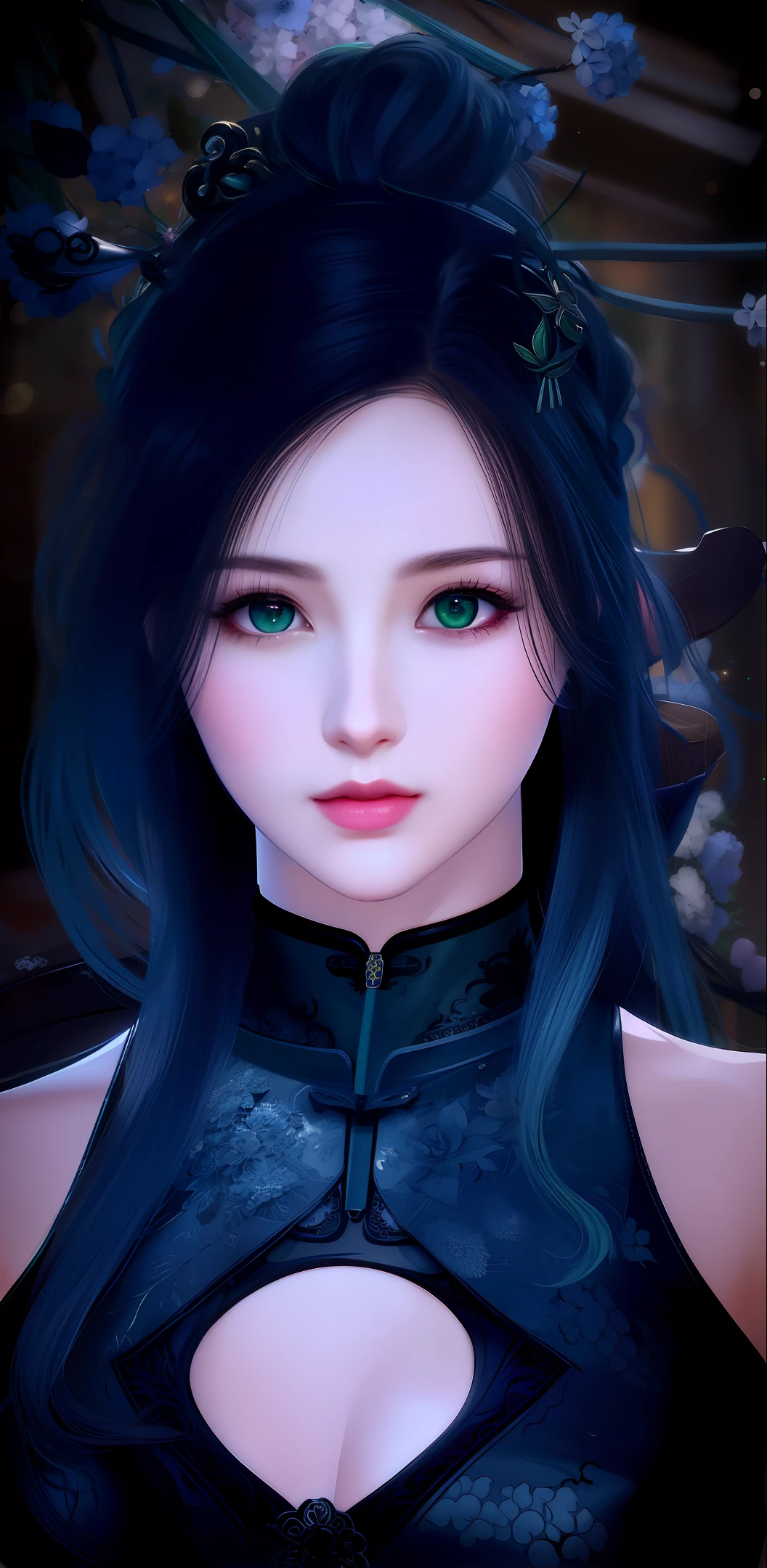 best quality, masterpiece, night, full moon, 1 girl, mature woman, Chinese style, ancient China, sister, imperial sister, smile, dark brown hair, dark hair, princess cut, a Fried Dough Twists braid, coiled hair, double ball head, light pink lips, calm, intellectual, middle hair, green eyes, hairpin, hydrangea, fine face, facial close-up, hand close-up, green clothes,Beautiful face,photorealistic, rim lighting, two tone lighting,(high detailed skin:1.2), 8k uhd, dslr, soft lighting, high quality, volumetric lighting, Photograph, high resolution, 4k, 8k, Bokeh