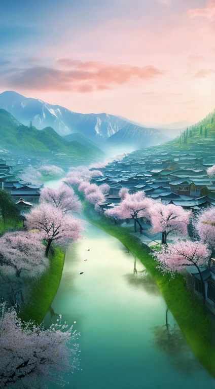 2. A painting of a river running through a lush green valley and trees, matte painting by Yang Borun, CG social trends, digital art, dreamy Chinese town, beautiful rendering of Tang Dynasty, Japanese town by trees and fantasy valley Composition, beautiful artistic ultra hd 4k, japanese village, chinese village, chinese landscape, beautiful digital artwork, japanese city, japanese landscape.