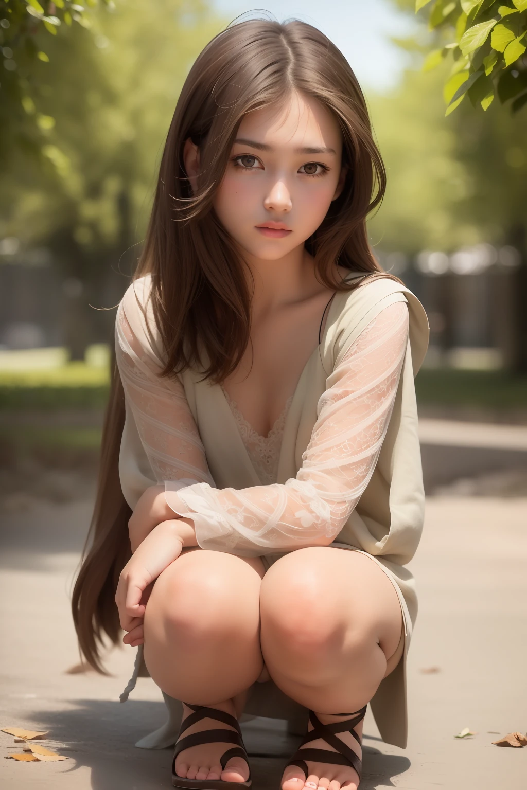 best quality, masterpiece, (realistic: 1,2), 1 girl, brown hair, brown eyes, Front, detailed face, beautiful eyes, half squat