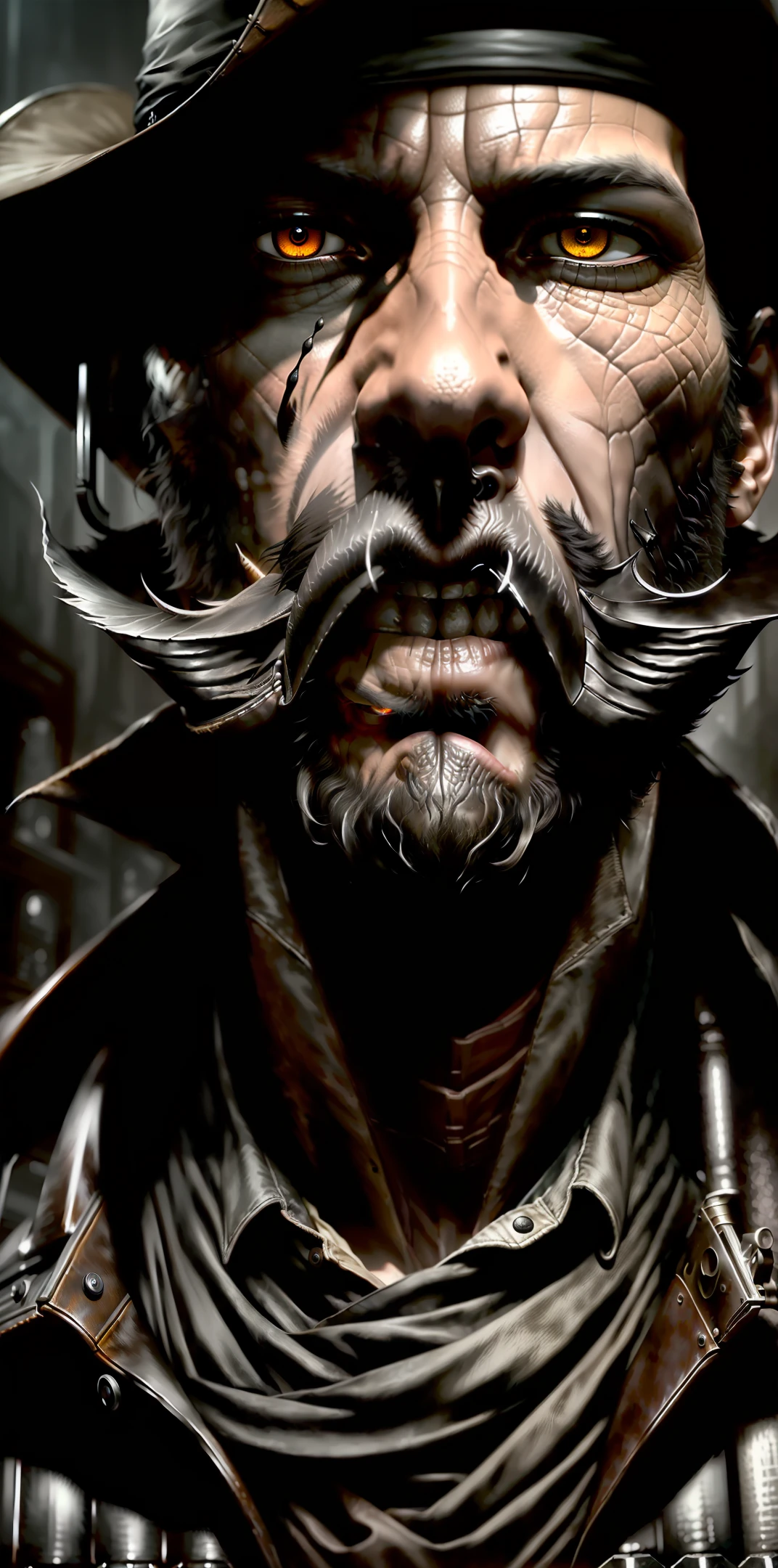 Digital painting, photorealistic, ((One male gunslinger)), scary, intriguing, standing in a dusty dark saloon at the bar drinking a whiskey, full body shot, long black hair tied low, ((beard)), long leather trench coat with intricate details, hyperrealistic, hyperdetailed, 2 silver short barrel shotgun, 4k, hyper detailed, photorealistic, movement, hand on shotgun, slow-motion, masterpiece, digital painting, eerie, gloomy, detailed eyes, ((black eyes)), realistic eyes, hyperrealistic, dark fantasy, detailed eyes, detailed skin, unreal engine,