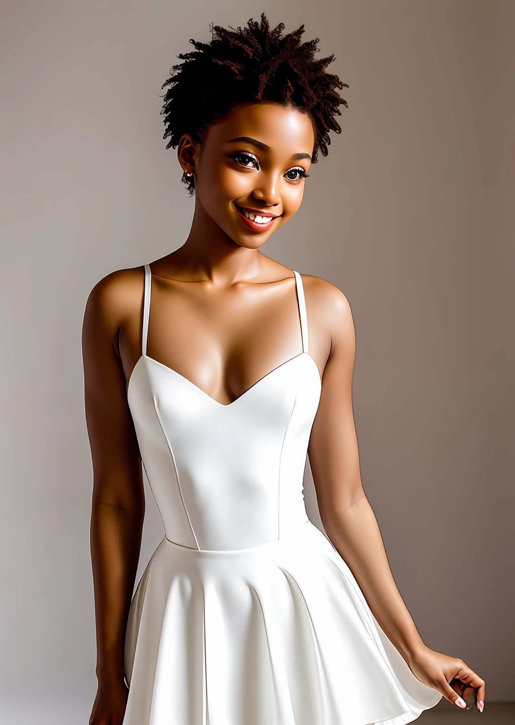 Fashion model photography, ballet dress, strong sense of design, medium shot, South African girl, short hair, hair accessories, delicate skin, smile, simple background, high texture, glare backlight, professional studio lighting