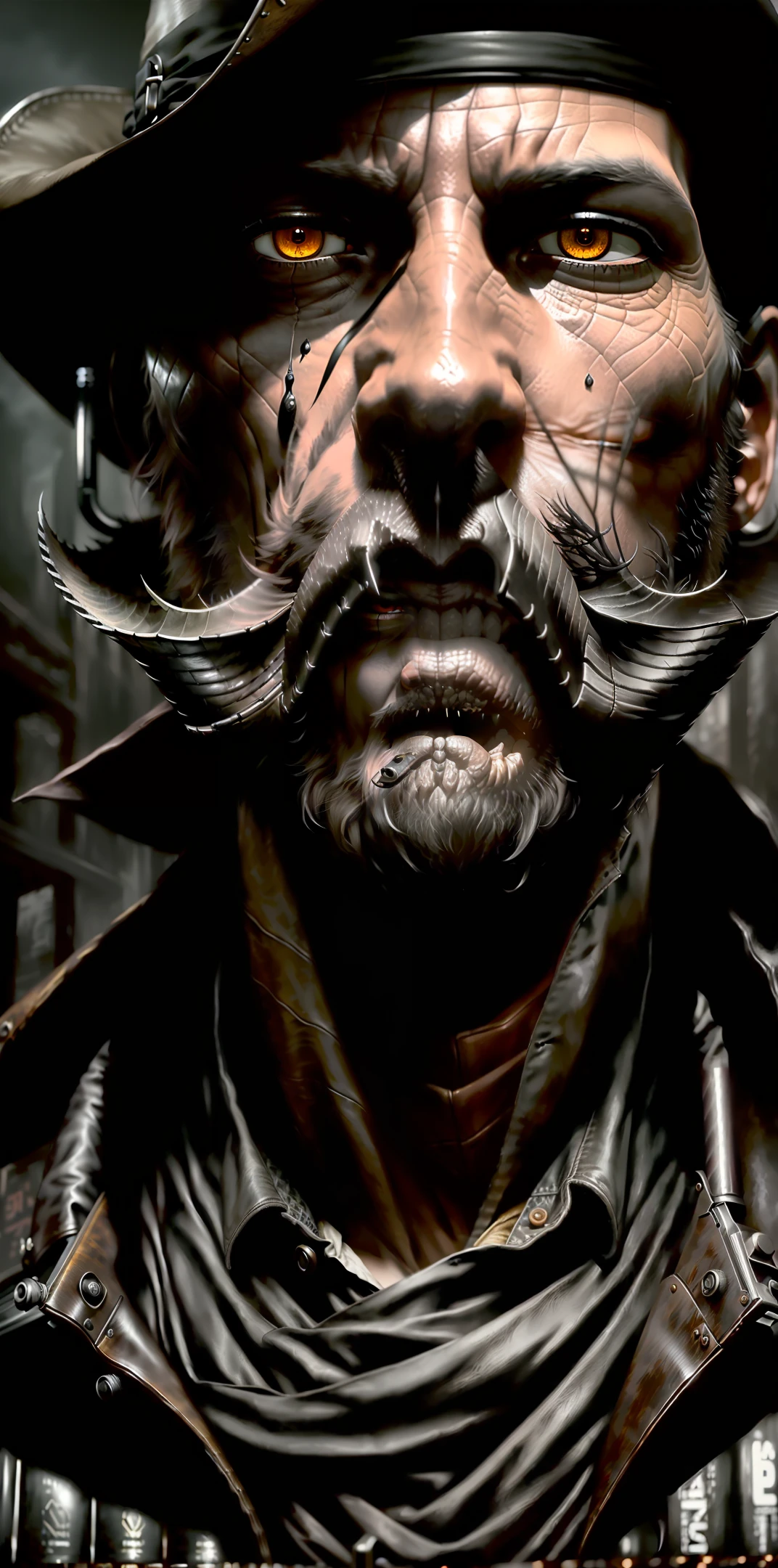 Digital painting, photorealistic, ((One male gunslinger)), scary, intriguing, standing in a dusty dark saloon at the bar drinking a whiskey, full body shot, long black hair tied low, ((beard)), long leather trench coat with intricate details, hyperrealistic, hyperdetailed, 2 silver short barrel shotgun, 4k, hyper detailed, photorealistic, movement, hand on shotgun, slow-motion, masterpiece, digital painting, eerie, gloomy, detailed eyes, ((black eyes)), realistic eyes, hyperrealistic, dark fantasy, detailed eyes, detailed skin, unreal engine,