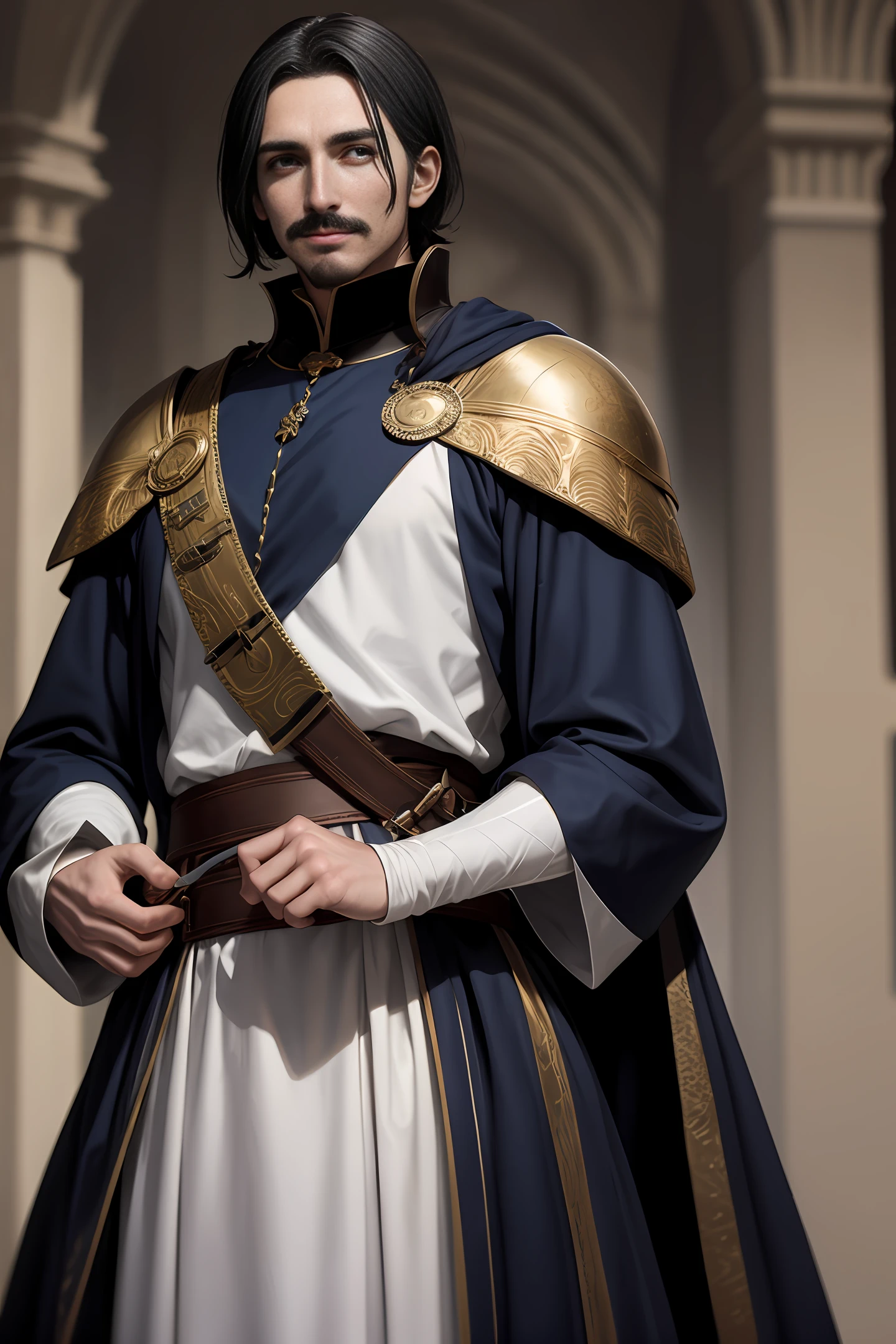 Handsome medieval man, handsome black short hair, a little mustache, British style face, fair skin, dark blue pupils, showing a sly smile, wearing blue and white aristocratic clothing, golden ornamentation all over the clothes On, in a fantasy world.