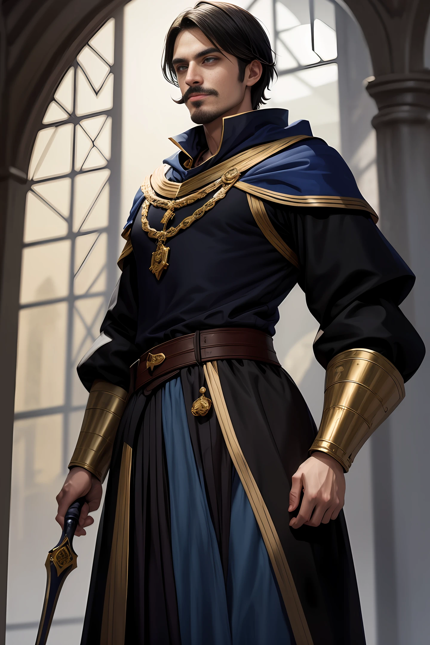 Handsome medieval man, handsome black short hair, a little mustache, British style face, fair skin, dark blue pupils, showing a sly smile, wearing blue and white aristocratic clothing, golden ornamentation all over the clothes On, in a fantasy world.