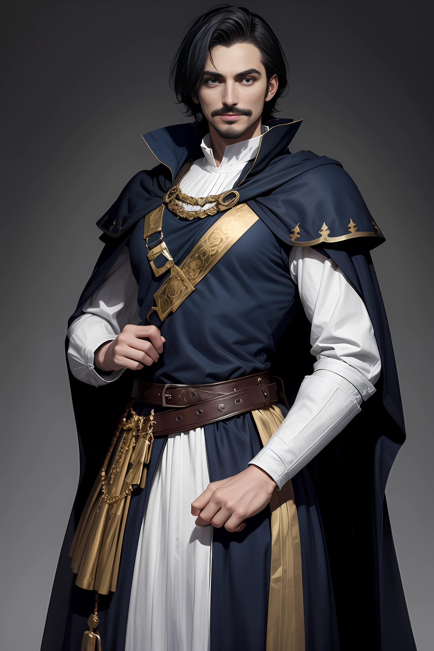 Handsome medieval man, handsome black short hair, a little mustache, British style face, fair skin, dark blue pupils, showing a sly smile, wearing blue and white aristocratic clothing, golden ornamentation all over the clothes On, in a fantasy world.