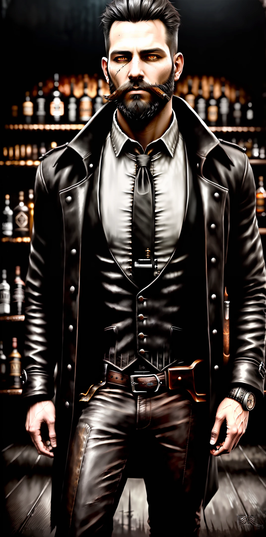 Digital painting, Photoshoot, photorealistic, ((One male gunslinger)), scary, intriguing, standing in a dusty dark saloon at the bar drinking a whiskey, ((full body shot)), long black hair, ((beard)), long leather trench coat with intricate details, hyperrealistic, hyperdetailed, 2 silver short barrel shotgun, 4k, hyper detailed, photorealistic, movement, slow-motion, masterpiece, digital painting, eerie, gloomy, detailed eyes, ((black eyes)), realistic eyes, hyperrealistic, dark fantasy, detailed eyes, detailed skin, unreal engine,