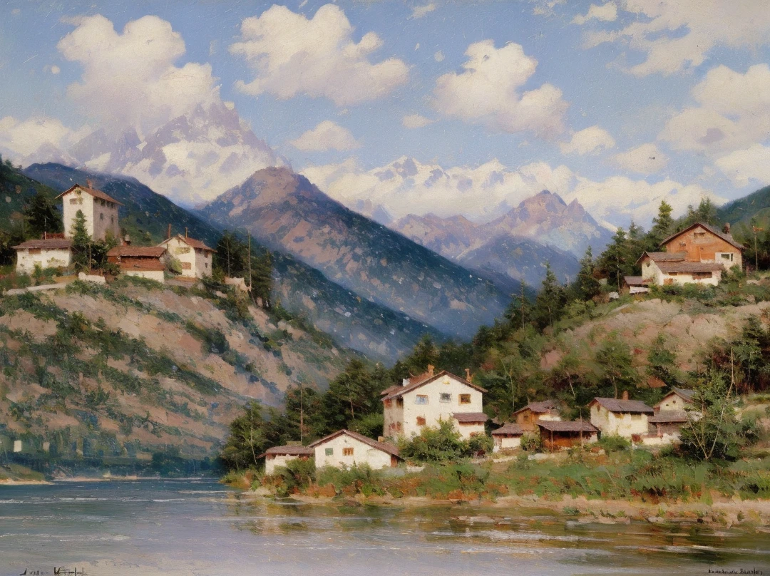 Joseph Kleitsch, impressionist, pronounced brushwork, oil painting, oil brush, bold, vibrant brushwork and unique, elegant style, impressionist painter, mountain landscape with lake and house, blue sky and white clouds, mountains, lake