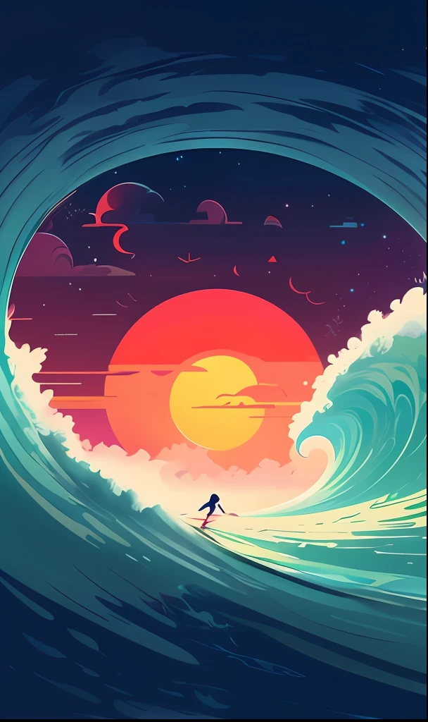 Ocean surfer with sunset background, Jen Bartel, inspired by Cyril Rolando, James Gilleard artwork, inspired by Christopher Balaskas, Cyril Rolando and Mw Kaluta, Cyril Rolando and M . . . . w kaluta, dream wave aesthetics