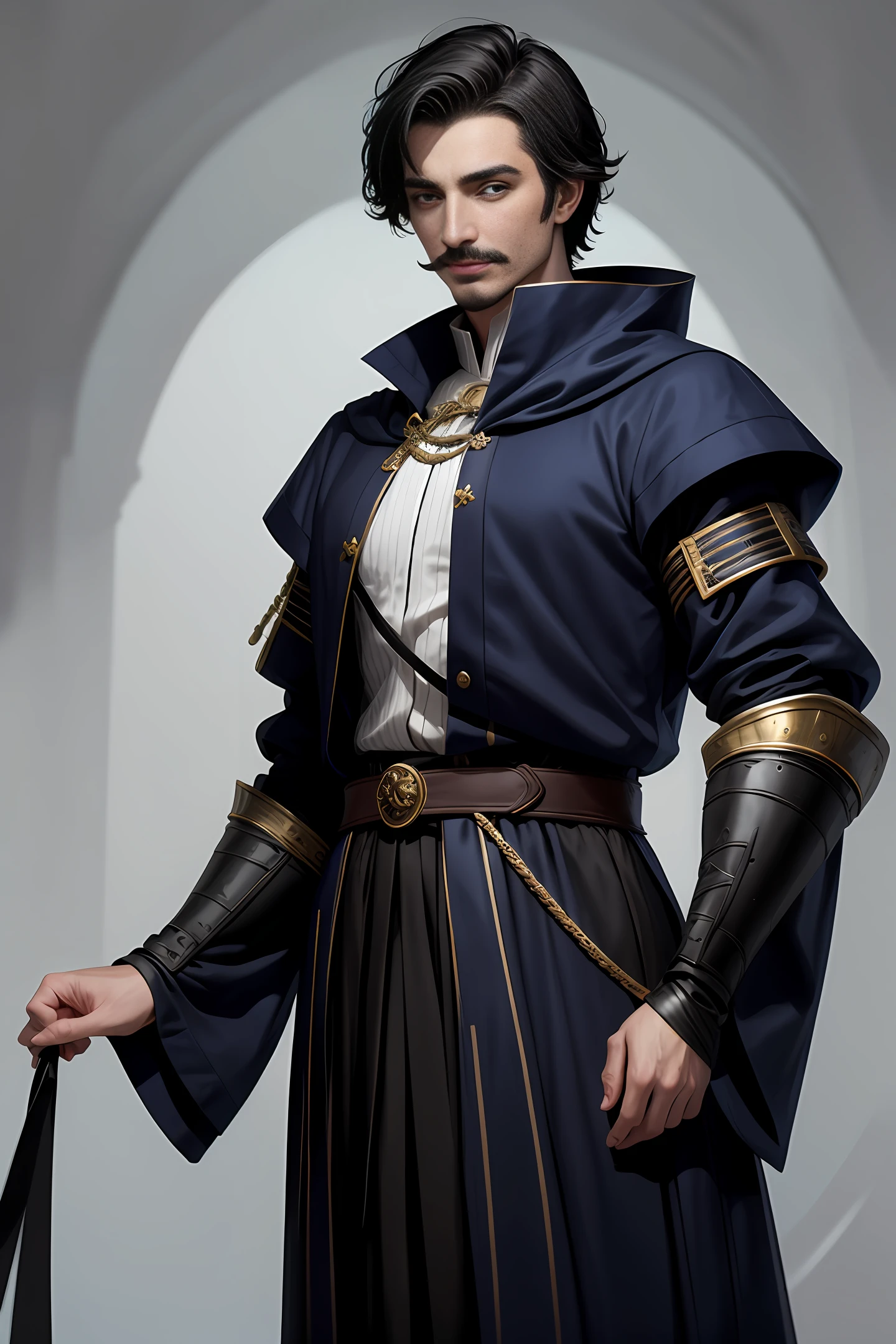 Handsome medieval man, handsome black short hair, a little mustache, British style face, fair skin, dark blue pupils, showing a sly smile, wearing blue and white aristocratic clothing, golden ornamentation all over the clothes On, in a fantasy world.
