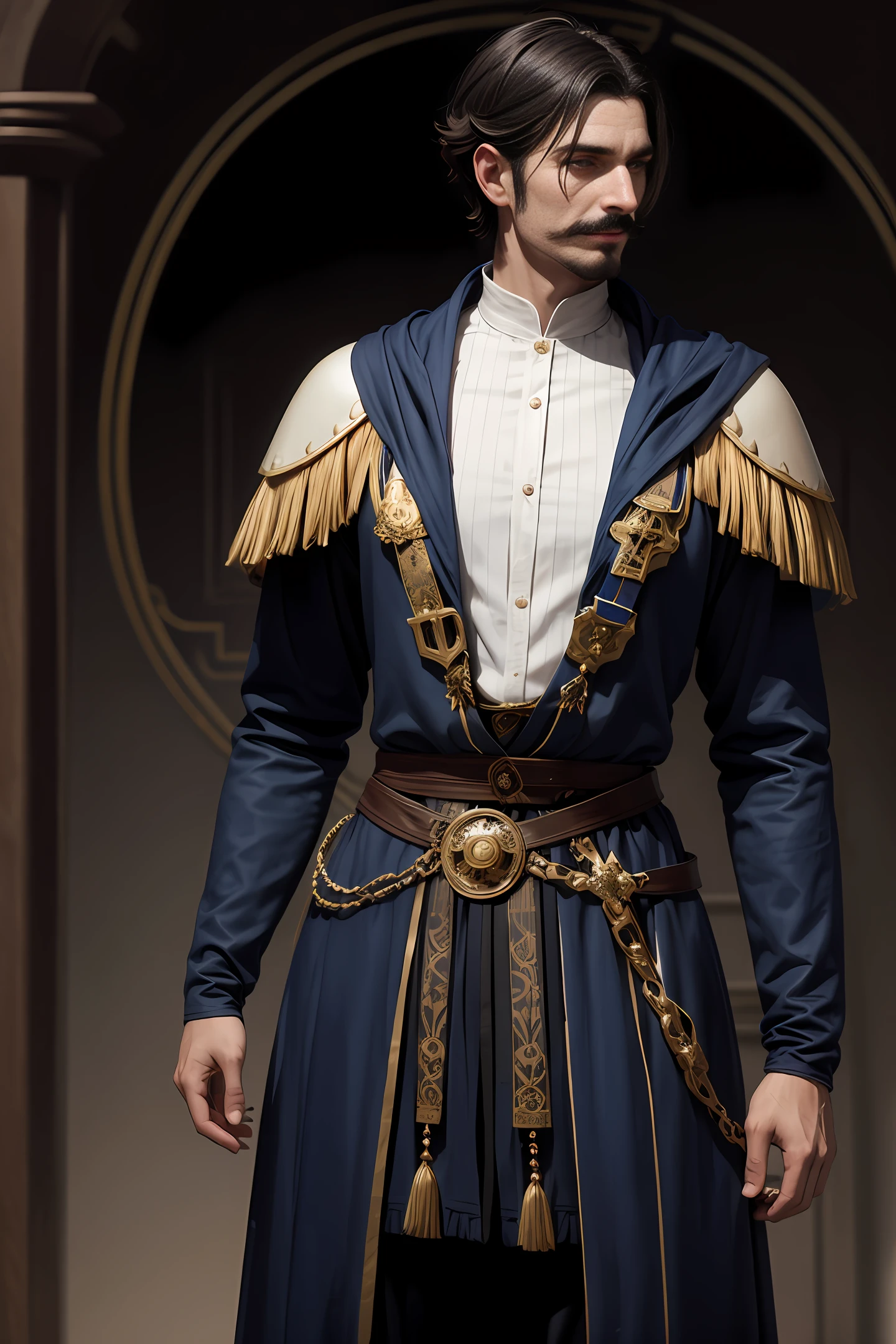 Handsome medieval man, handsome black short hair, a little mustache, British style face, fair skin, dark blue pupils, showing a sly smile, wearing blue and white aristocratic clothing, golden ornamentation all over the clothes On, in a fantasy world.