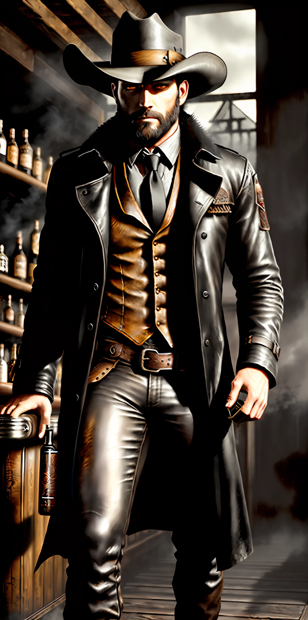 Realistic Digital painting, photorealistic, ((One male gunslinger)), scary, intriguing, standing in a dusty saloon, at the bar drinking a whiskey, ((full body shot)), long black hair, ((beard)), long leather trench coat with intricate details, hyperrealistic, hyperdetailed, 1 silver short barrel shotgun, 4k, hyper detailed, photorealistic, movement, slow-motion, masterpiece, digital painting, eerie, gloomy, detailed eyes, ((black eyes)), realistic eyes, hyperrealistic, dark fantasy, detailed eyes, detailed skin, unreal engine,