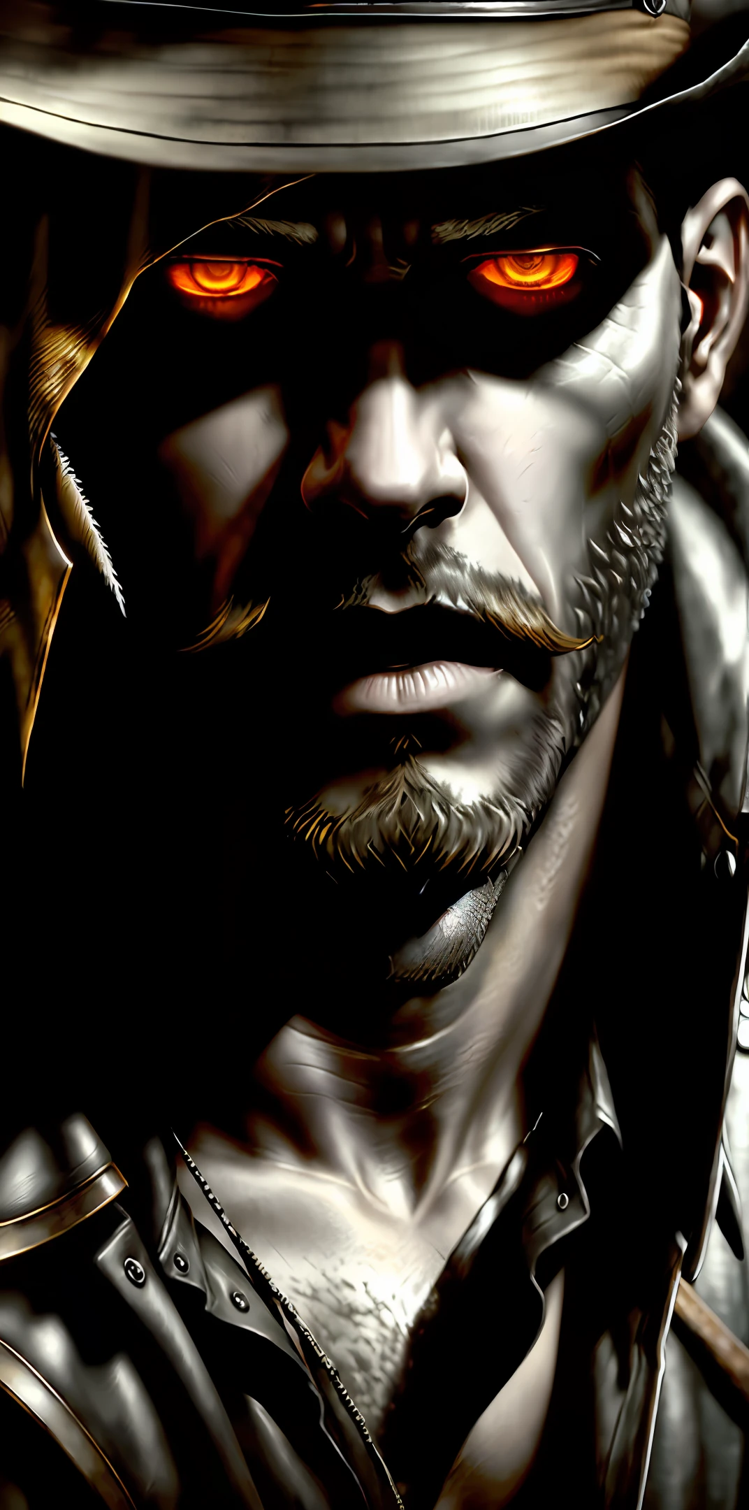 Realistic Digital painting, photorealistic, ((One male gunslinger)), scary, intriguing, standing in a dusty saloon, at the bar drinking a whiskey, ((full body shot)), long black hair, ((beard)), long leather trench coat with intricate details, hyperrealistic, hyperdetailed, 1 silver short barrel shotgun, 4k, hyper detailed, photorealistic, movement, slow-motion, masterpiece, digital painting, eerie, gloomy, detailed eyes, ((black eyes)), realistic eyes, hyperrealistic, dark fantasy, detailed eyes, detailed skin, unreal engine,