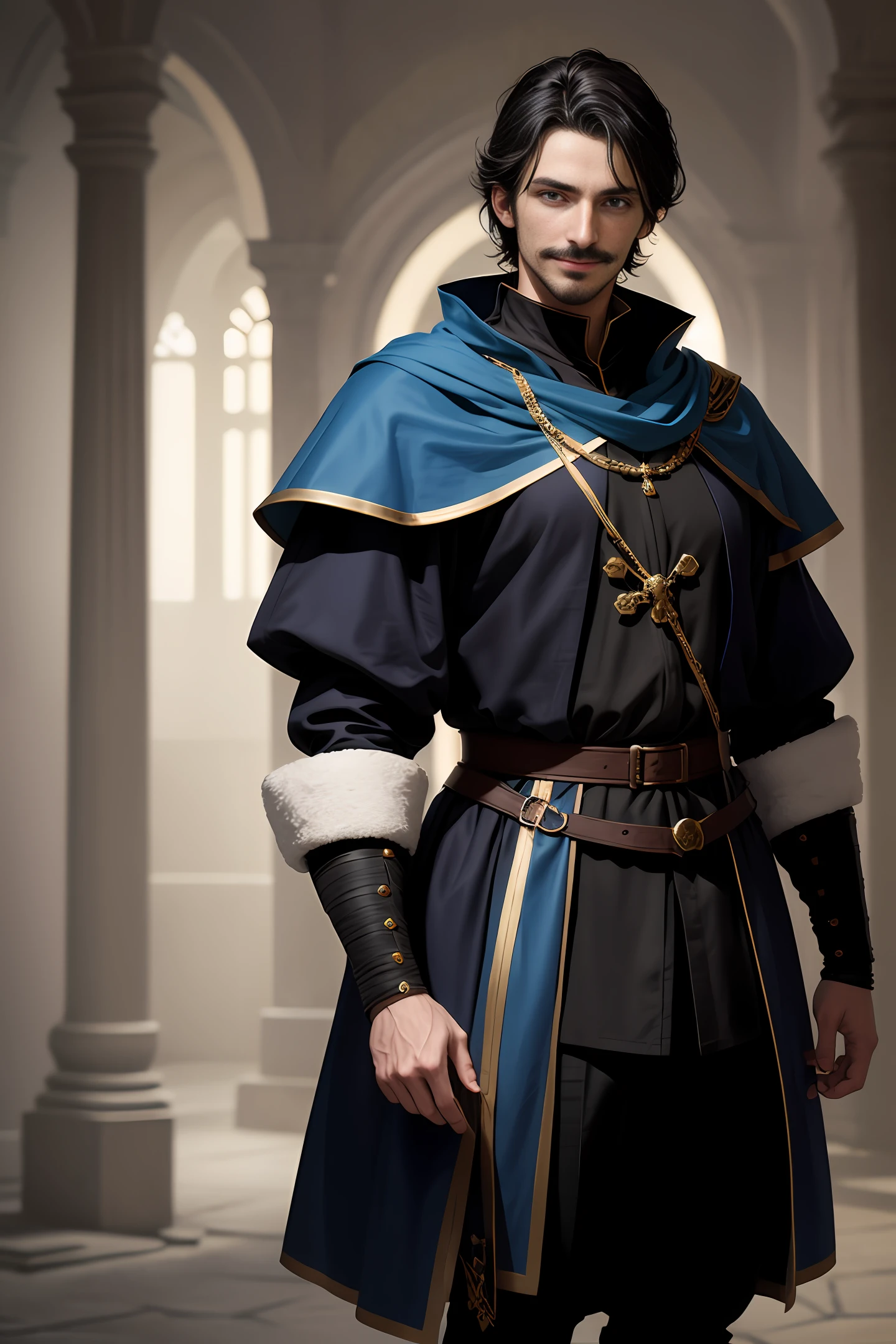 Handsome medieval man, handsome black short hair, a little mustache, British style face, fair skin, dark blue pupils, showing a sly smile, wearing blue and white aristocratic clothing, golden ornamentation all over the clothes On, in a fantasy world.