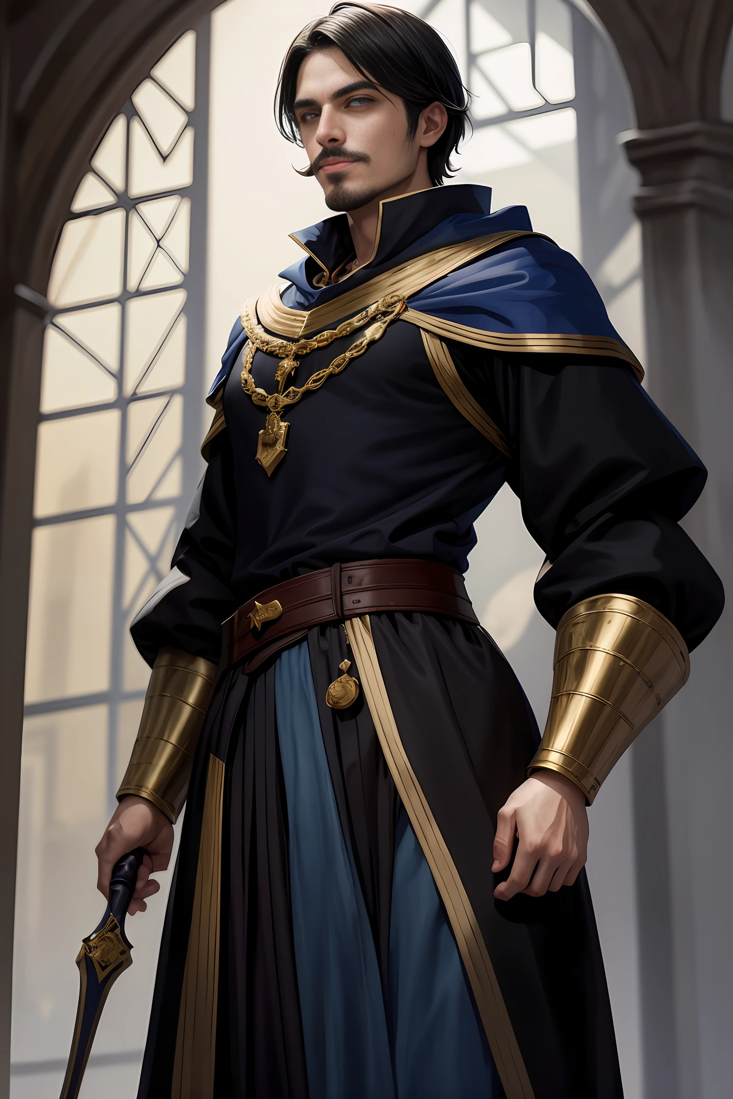 Handsome medieval man, handsome black short hair, a little mustache, British style face, fair skin, dark blue pupils, showing a sly smile, wearing blue and white aristocratic clothing, golden ornamentation all over the clothes On, in a fantasy world.