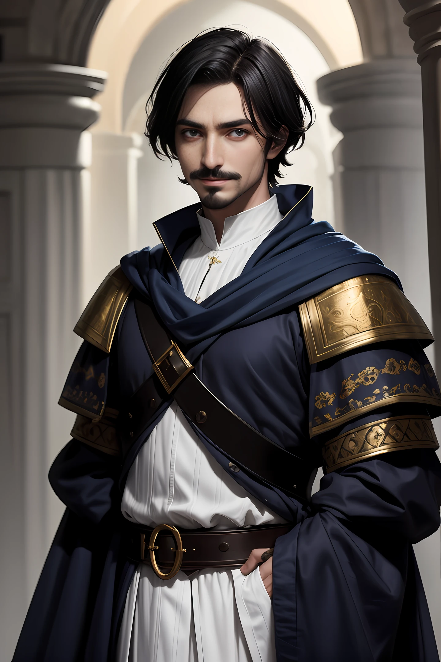 Handsome medieval man, handsome black short hair, a little mustache, British style face, fair skin, dark blue pupils, showing a sly smile, wearing blue and white aristocratic clothing, golden ornamentation all over the clothes On, in a fantasy world.