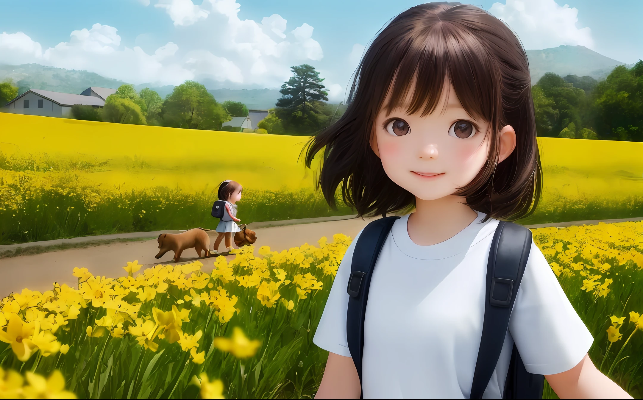 Tip: A very charming with a backpack and her cute puppy enjoying a lovely spring outing surrounded by beautiful yellow flowers and nature. The illustration is a high-definition illustration in 4k resolution, featuring highly detailed facial features and cartoon-style visuals.