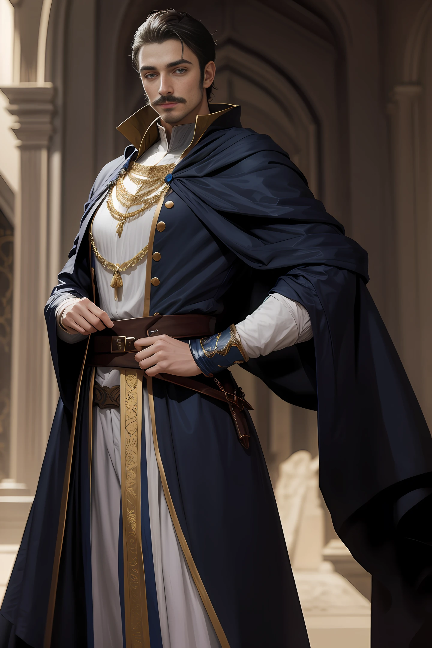 Handsome medieval man, handsome black short hair, a little mustache, British style face, fair skin, dark blue pupils, showing a sly smile, wearing blue and white aristocratic clothing, golden ornamentation all over the clothes On, in a fantasy world.